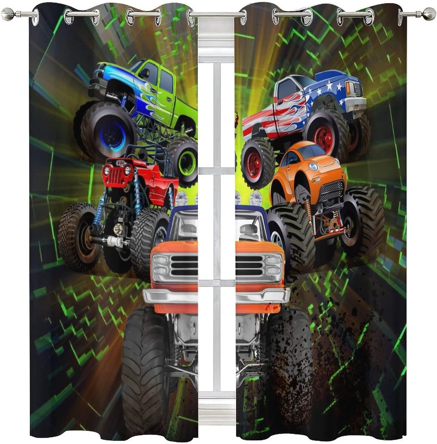 Cool Cartoon Monster Truck Ultra Soft Premier Blackout Curtains,Kids Boys Shabby Monster Trucks PrintThermal Insulated Bedroom Noise Reducing Patio Door Grommet Top,2 Panels 63L x 36W