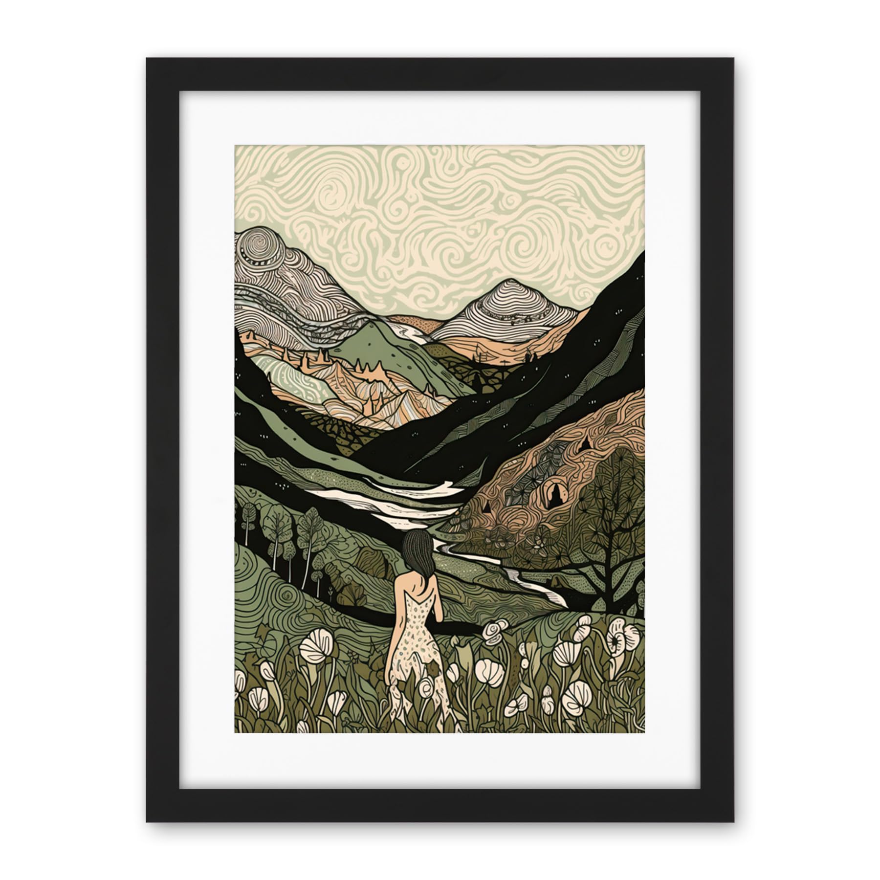 Artery8 Woman in Flower Field in Scottish Hill Landscape Artwork Framed Wall Art Print 18X24 Inch