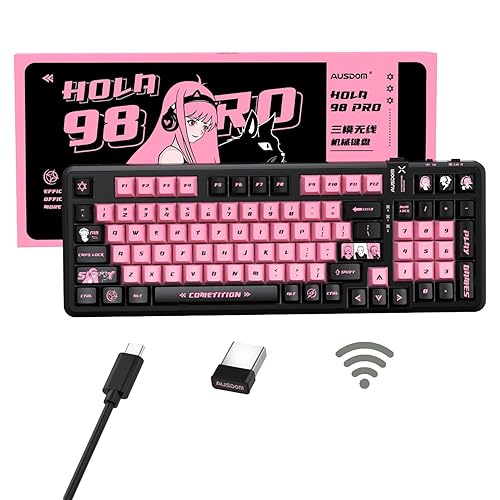 AUSDOM 98Pro Wireless Mechanical Keyboard, Tri-Mode Bluetooth/2.4GHz/USB-C Gasket Hot Swappable Custom Gaming Keyboard with Backlit, PBT Keycaps, Linear Switches, for Windows/Mac/PC (Manga Girl Theme) - Pink