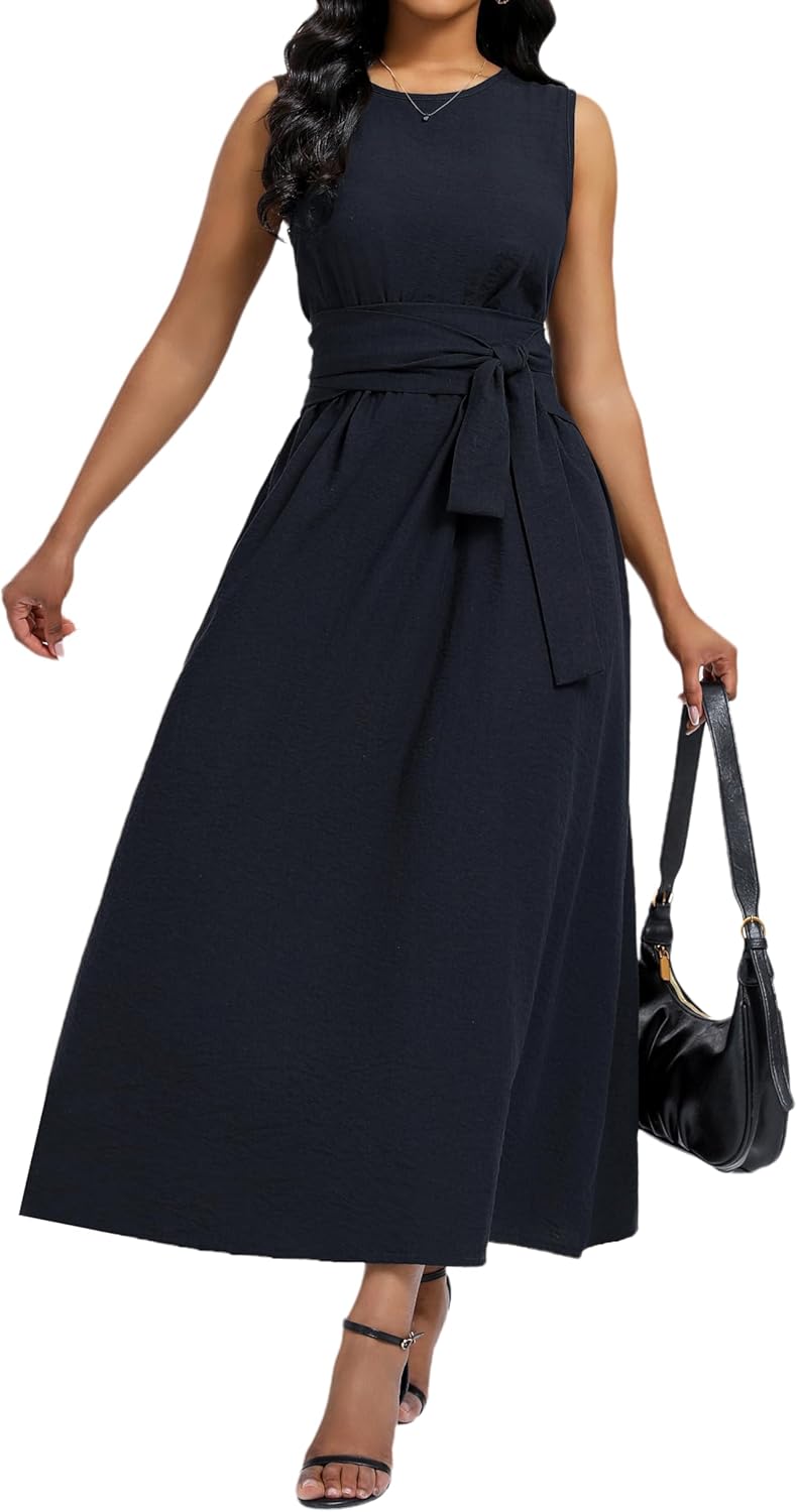 Women's Summer Sleeveless Casual Belted Maxi Sundress 2025 Long Tank Dress with Pockets - Image 2