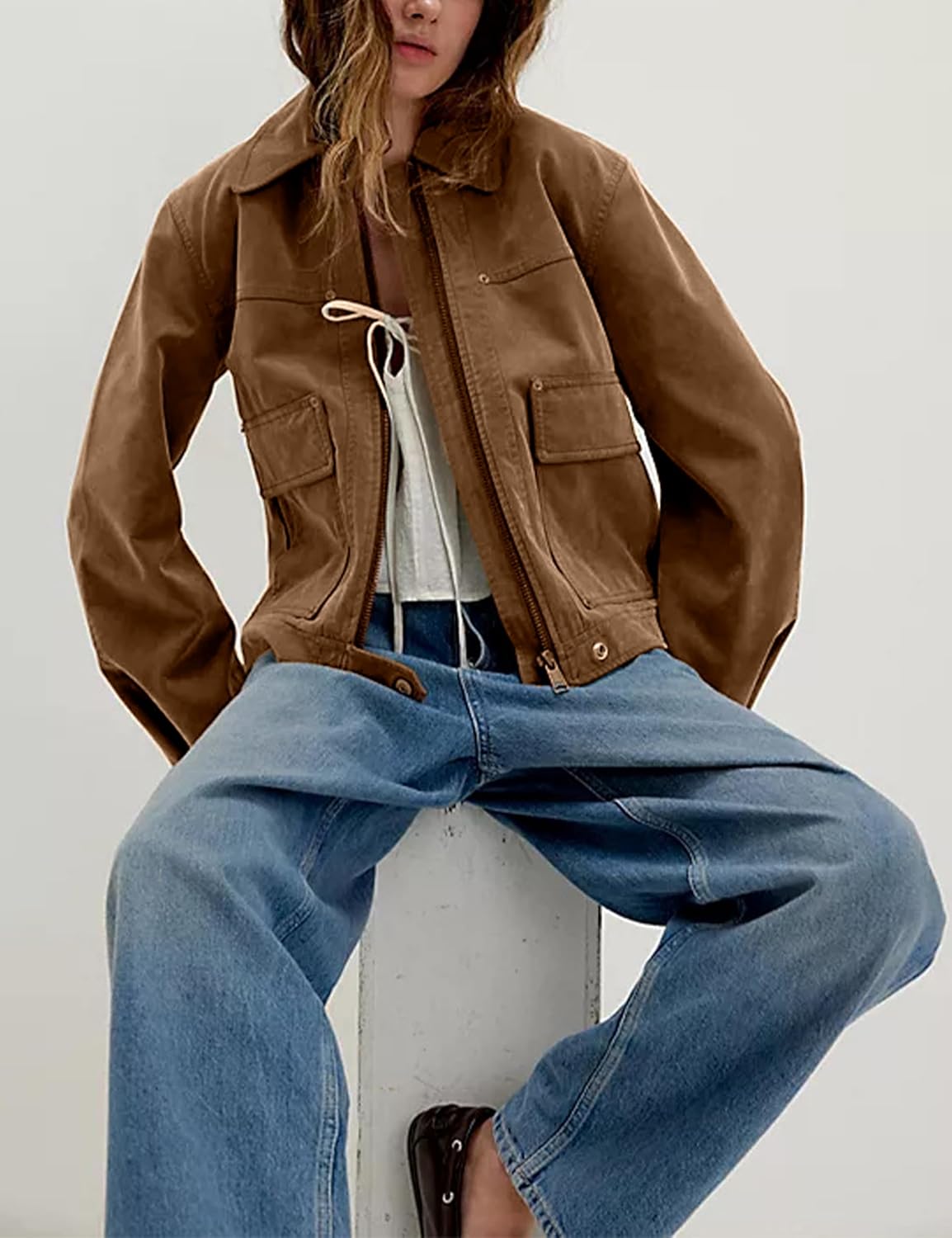 Yeokou Women Faux Leather Jacket Loose Lapel Long Sleeve Zip Up Coat Casual Fall Outwear with Pockets - Image 4