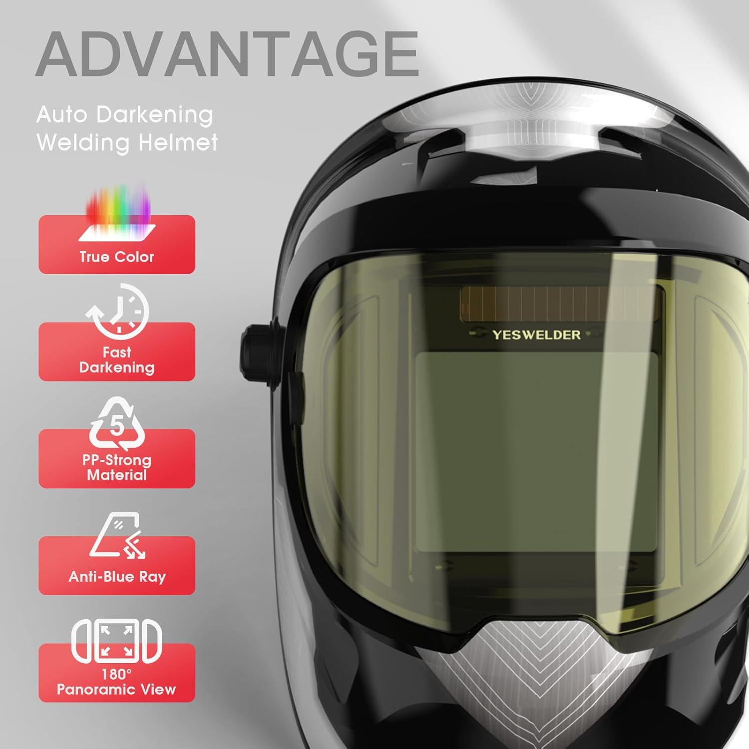 YESWELDER Large Viewing True Color Solar Powered Auto Darkening Welding Helmet with SIDE VIEW & Replacement Lens