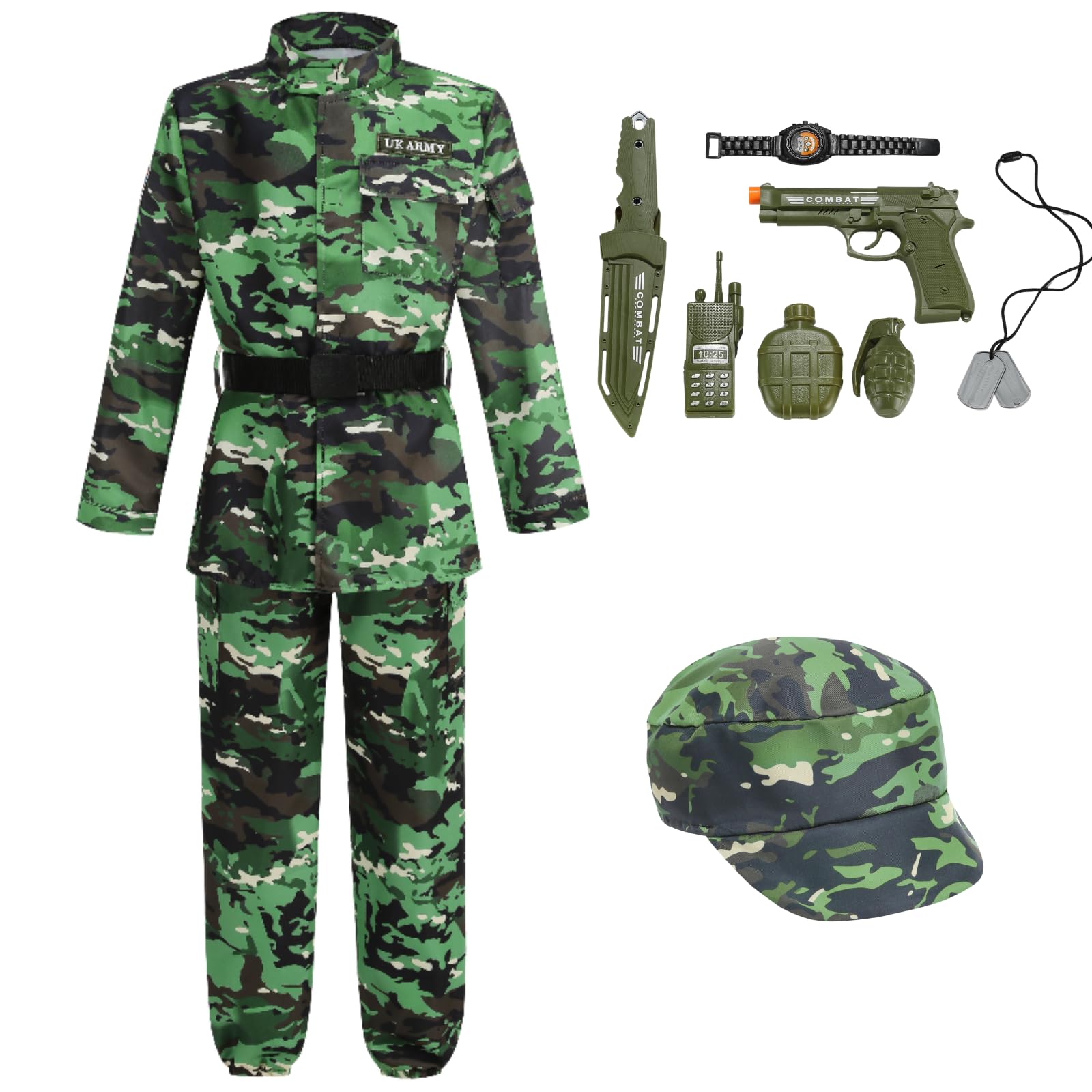 DELIVESS Kids Army Costume Long sleeve Halloween Party Military Soldier Dress up Boys Costume 11 PCS (Dark Green, 6-8Y)