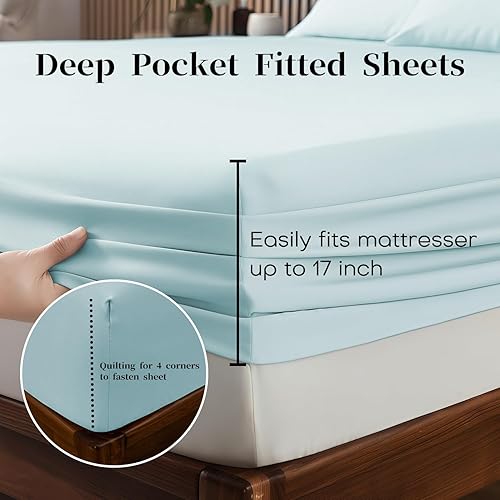Miniatura 5 de HENGWEITEXT Juego de sábanas de 4 piezas de tamaño individual de 18 pulgadas, transpirable y refrescante, juego de sábanas de microfibra con