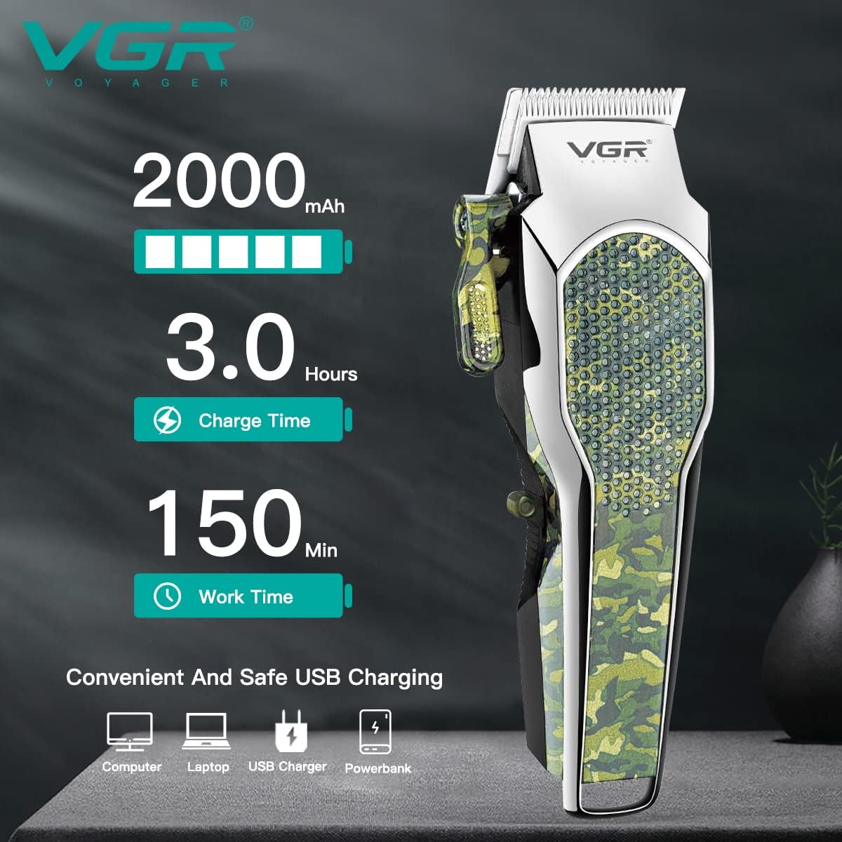 Diagram illustrating the charging process and battery specifications of the VGR V-299 hair clipper. It shows a 2000mAh battery, 3 hours charge time, and 150 minutes work time, with icons for various USB charging methods like computer, laptop, USB charger, and power bank.