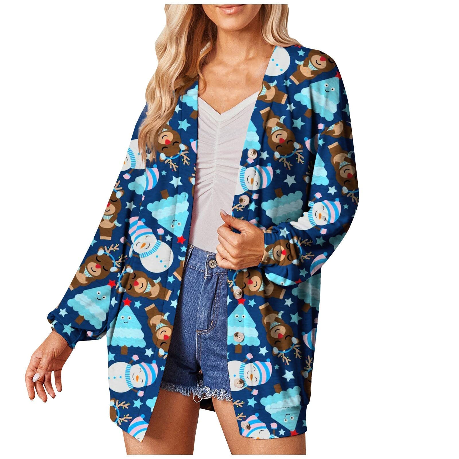 Womens Christmas Funny Graphic Cardigan Long Sleeve Open Front Casual Cardigans Outwear Fall Coat Jacket for Women