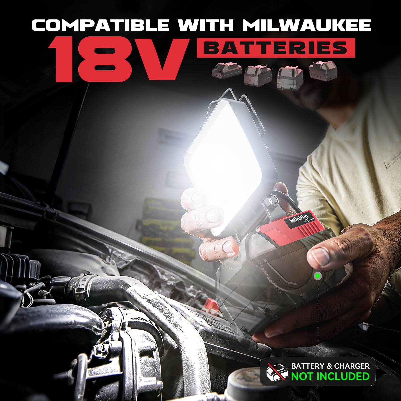Luz de trabajo LED inalámbrica para batería Milwaukee de 18 V, luz de construcción de inundación portátil para taller, reparación de automóviles, al aire libre, garaje, 60 W, 6000 lúmenes con puerto