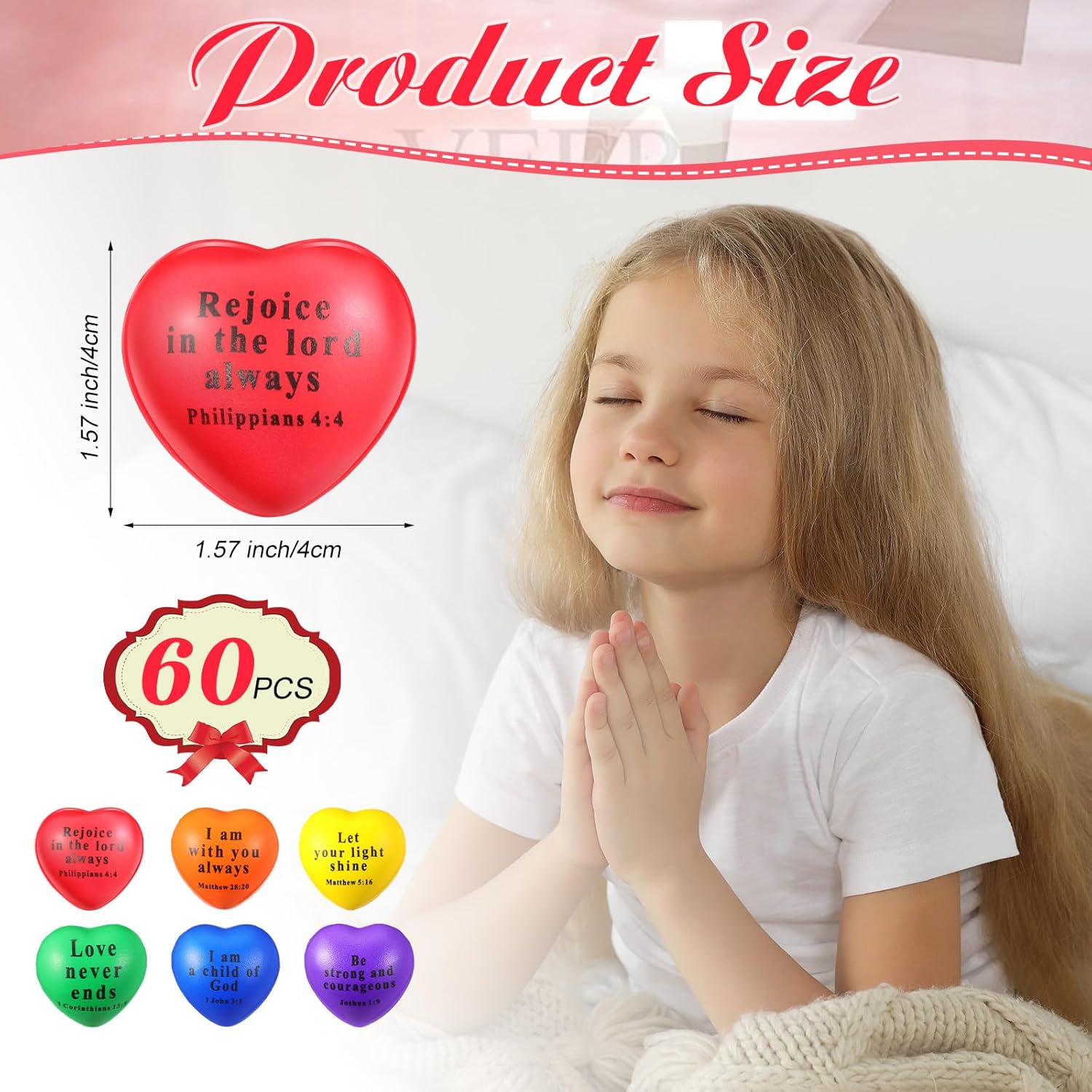 60 Pcs Valentine Christian Heart Stress Balls Bulk Jesus Bible Quotes Motivational Relief Stress Balls PU Foam First Communion Baptism Gifts for Religious Party(Bright Color,Groovy)