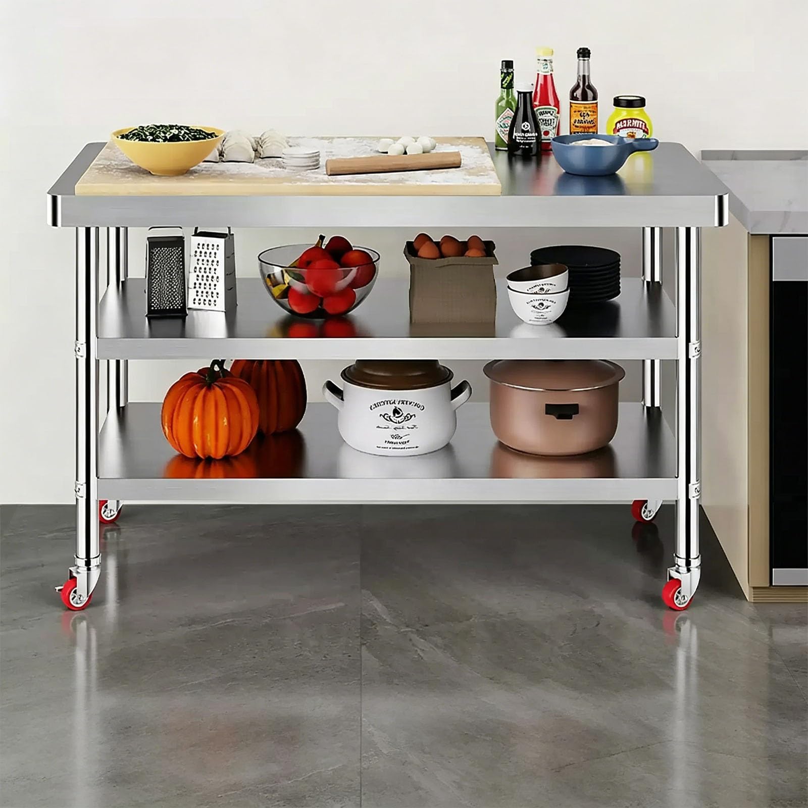 Tavolo da lavoro in acciaio inossidabile, tavolo da catering a 3 piani con ruote, tavolo per la preparazione degli alimenti per ristorante e casa, 90 x 50 x 80 cm