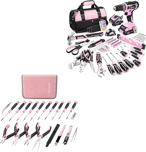 WORKPRO Juego de herramientas de reparación de precisión de 33 piezas y kit de herramientas para el hogar WORKPRO 157PCS rosa con taladro