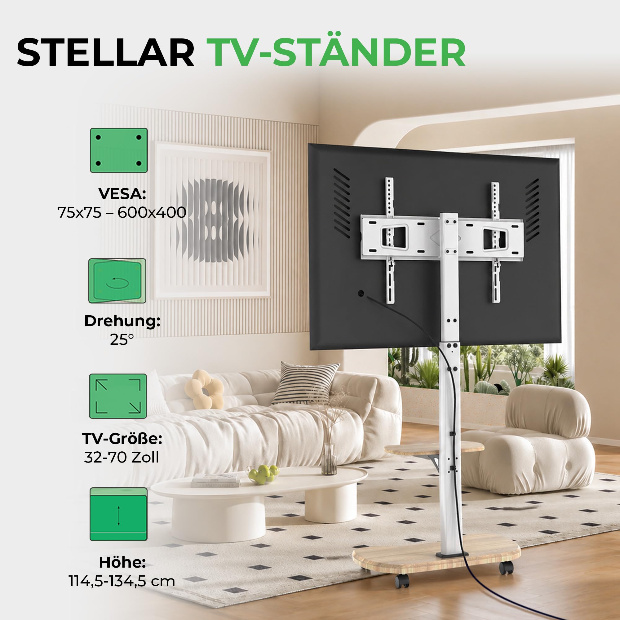 Stellar TV Ständer Rollbar mit Holzregal - Höhenverstellbar Schwenkbar TV Rollwagen mit Rollen für 32-70 Zoll Fernseher bis zu 45 kg - Universal TV Standfuss Max VESA 600x400