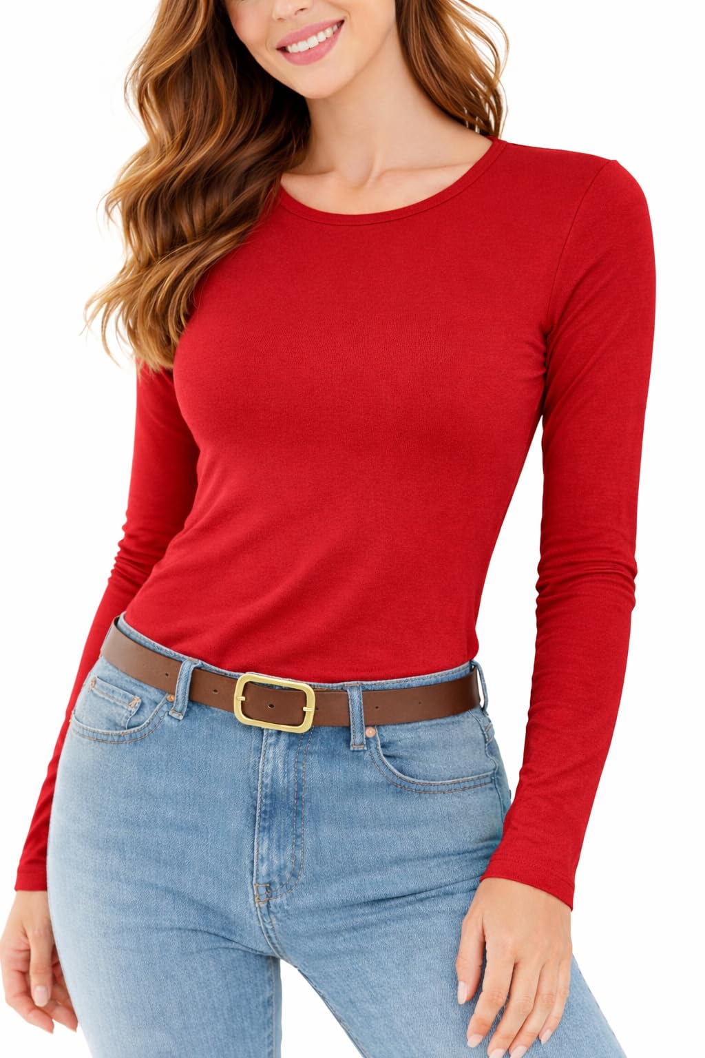 Re Tech Uk Women's Red - Long Sleeve Tops For - Basic Round Neck - Soft Stretch Fitted Top For - Plus Size - Black White & More Colours - Great Long Sleeve T Shirts, Xxxl