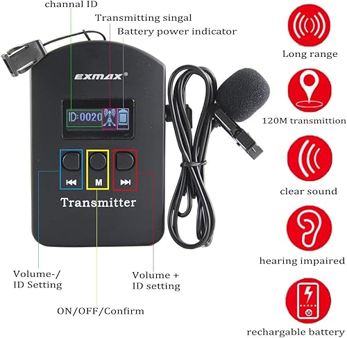 Miniatura 8 de EXMAX EXD-6688 Sistema de guía turístico de audio inalámbrico de 2.4 GHz, equipo de traducción de iglesia con 9999 canales para presentaciones,