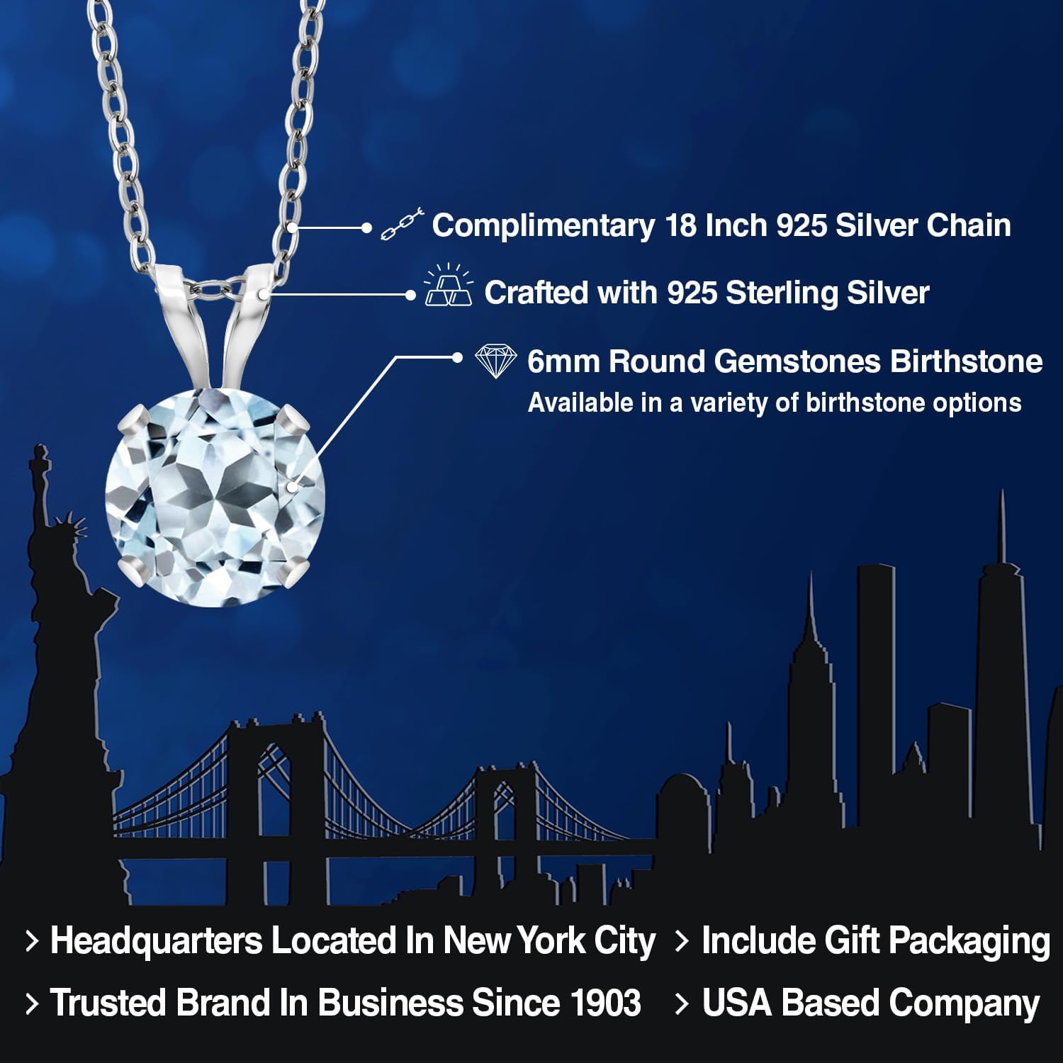 Gem Stone King 14K White Gold Sky Blue Topaz Pendant Necklace for Women | 1.00 Cttw | Gemstone November Birthstone | Round 6MM | With 18 Inch Silver Chain - Image 2