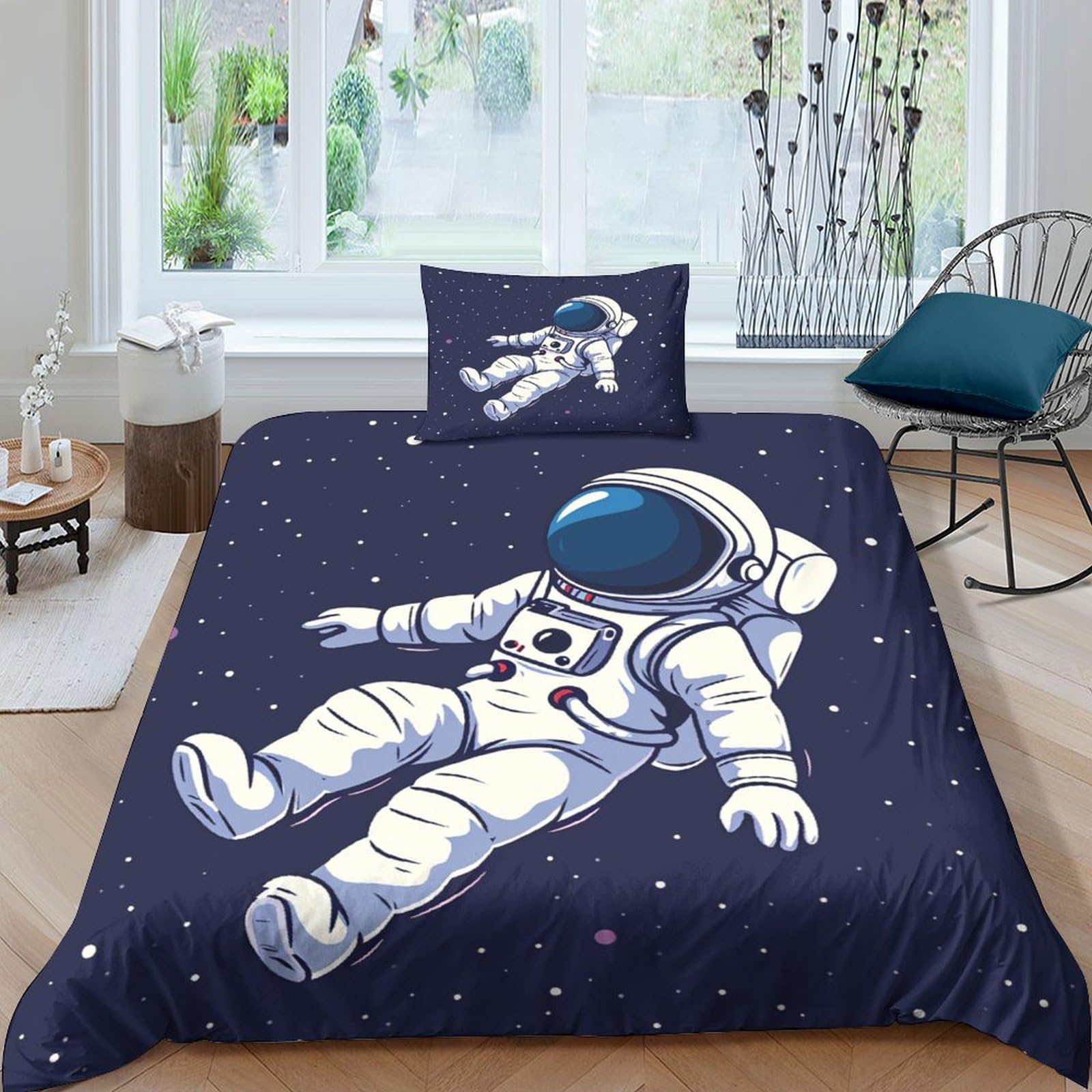 NRAOPEVVD Cartoon Astronaut Duvet Cover Sets 3 PCS Hotel Quality Quilt Cover Bedding Bed Covers with Pillowcases with Zipper Closure Ultra Soft Anti Allergic Microfiber Single（135x200cm）