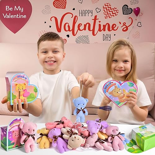 Miniatura 5 de Paquete de 28 mini animales de peluche para el día de San Valentín con cajas de corazón, lindo oso pequeño llavero para niños, cajas de regalo de