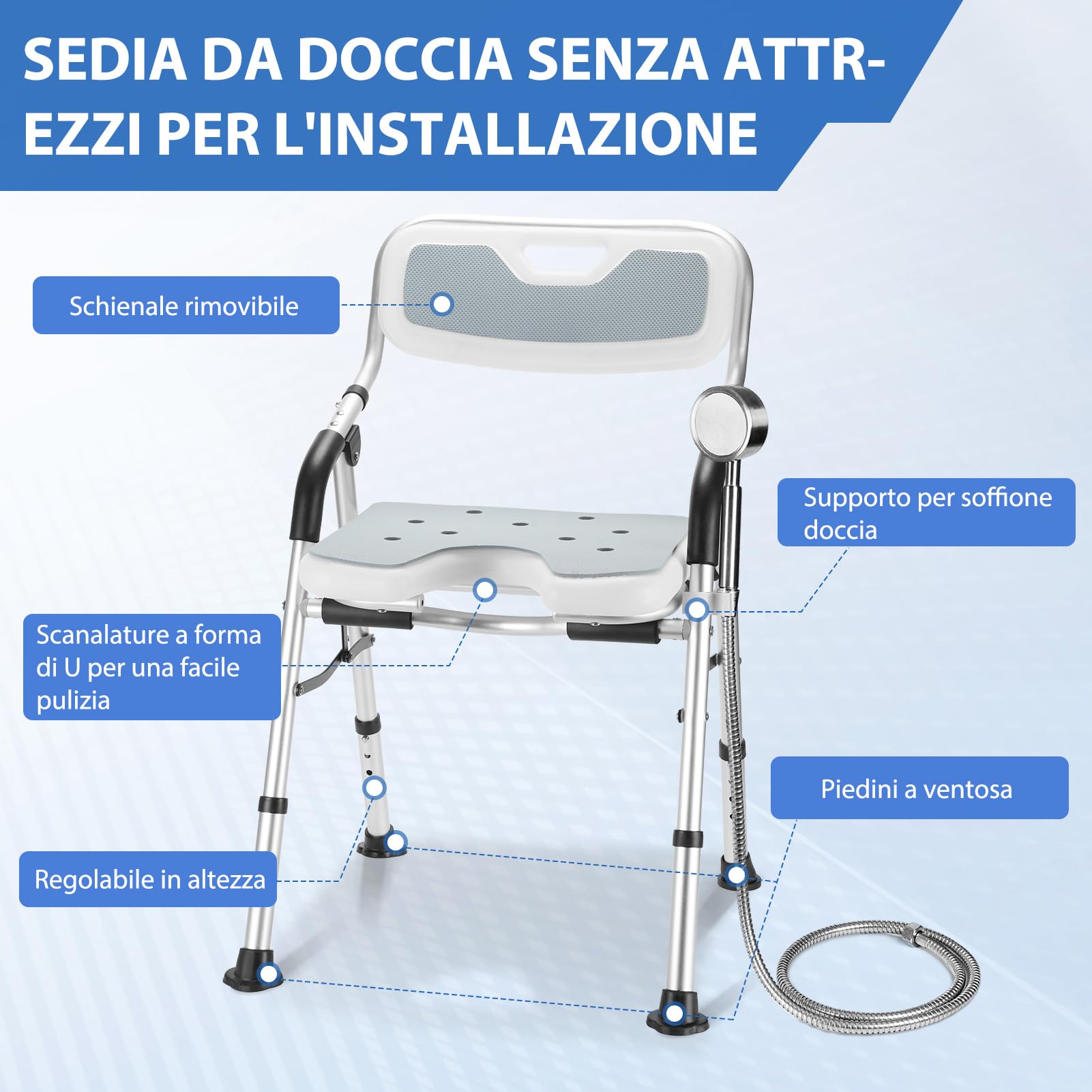 DEWEL Sedia per Doccia Anziani Pieghevole, con Schienale, Regolabile in Altezza, Antiscivolo, con Staffa per Doccia, Installazione Aenza Attrezzi, Sedia per Doccia Anziani, Portata di 150 Kg (Grigio)