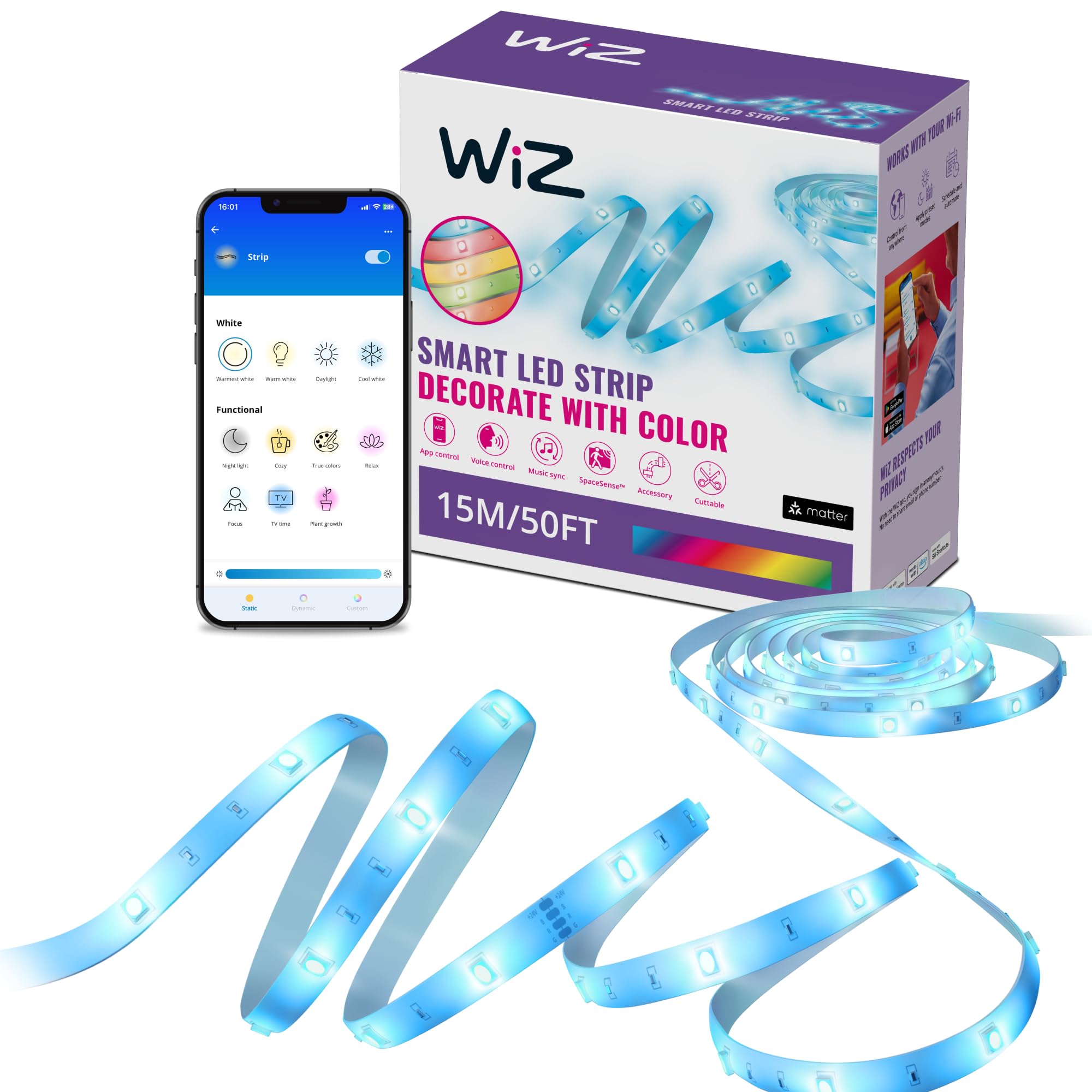 WiZ RGB LED Light Strip – 50 ft Cut to Fit, 16 Million Colors + Shades of White, Preset Light Modes, Connects to Your Wi-Fi, Voice/App Control, Works with Google Home, Alexa and HomeKit