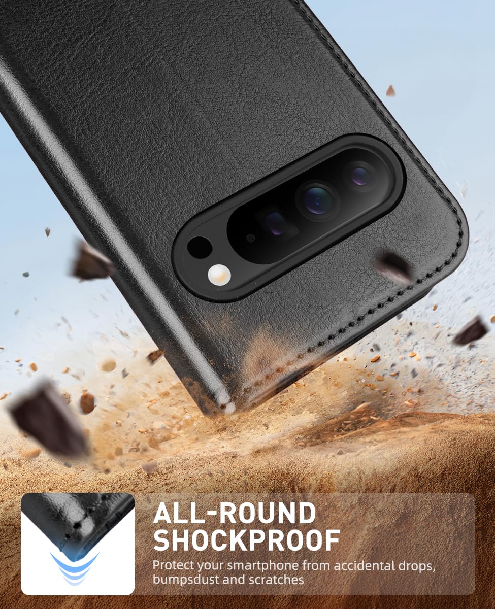 QYFCOU Hoesje voor de Google Pixel 10 Pro XL Flip Case compatibel met MagSafe, PU-lederen portemonneehoesje met kaartsleuf en RFID-bescherming - zwart