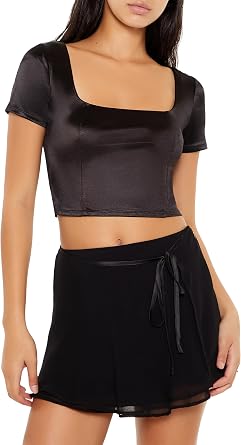 Forever 21 Womens Satin Square-Neck Crop Top