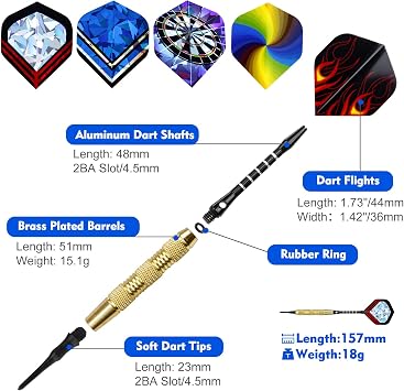 Soft Tip Darts 12 Pcs 18g Plastic Tip Darts Set with Brass Steel Barrels&Aluminum Shafts,200 Extra Dart Tips 42 Dart Flights 20 Extra Rubber Rings and 1 Storage Bag for Electronic Dart Board