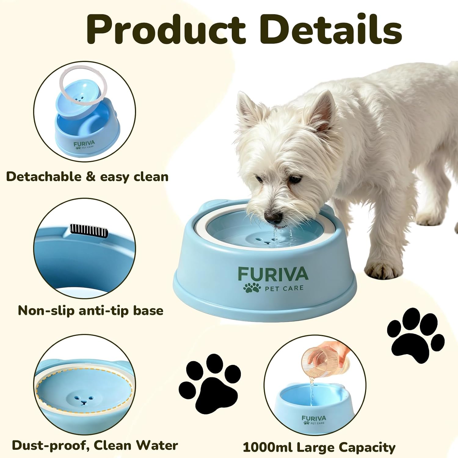 No Spill Pet Water Bowl – Splash Proof Pet Water Bowl for Mess-Free Drinking, 1L BPA-Free Slow Water Feeder for Dogs & Cats (Gray)