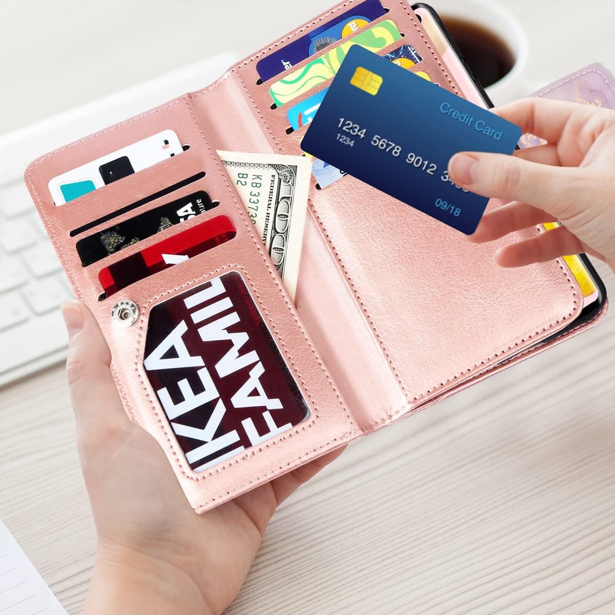 Fingic Galaxy S10e Case, Samsung S10e Case Wallet, Rose Gold Marble 9 Card Holder PU Leather Detachable Wrist Strap Wallet Case for Women Cover for Samsung Galaxy S10E, Rose Gold