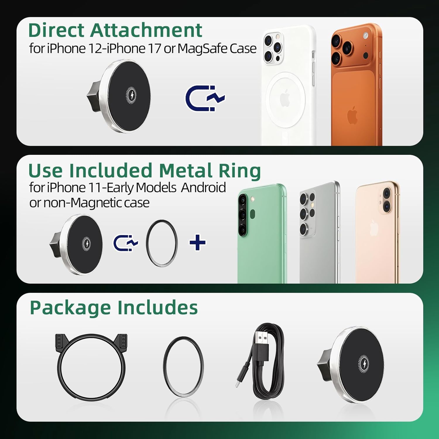 Phone Mount for BMW Mini Cooper (2007-2012 2013), Magnetic iPhone Holder, Magsafe Car Mount Charger, Cell Phone Automobile Cradles, 2PC 15W Wireless Car Charger, Hands Free, 360°, 2011 Car Accessories