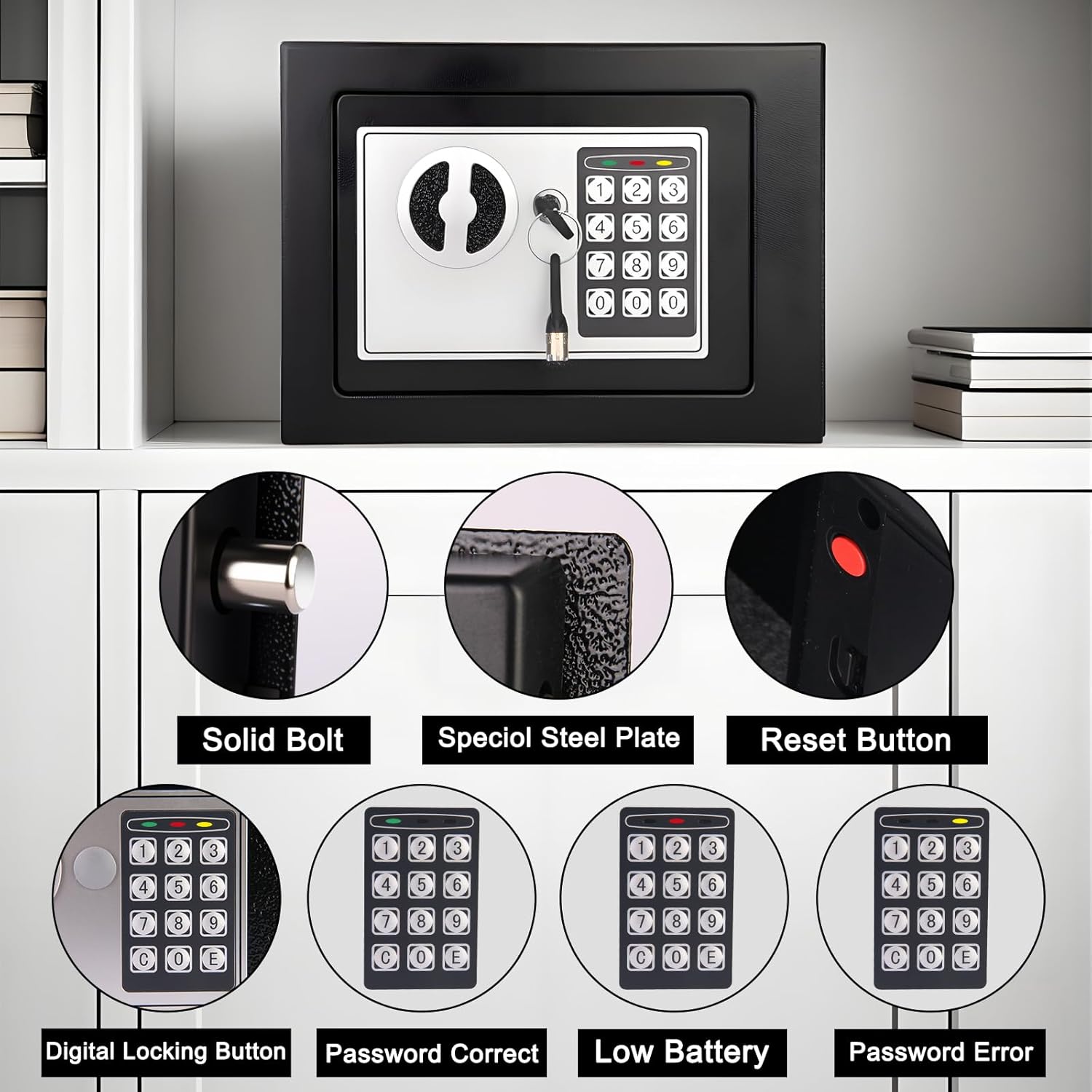 Mini Electronic Safe Box with Digital Keypad & Keys, 0.23 Cubic, 9.06"Wx6.69"Dx6.69"H,Small Safe Deposit Boxes with Coin Slot, Safety Boxes for Home Office Dorm, Money safe,For Cash,Gun(Black)