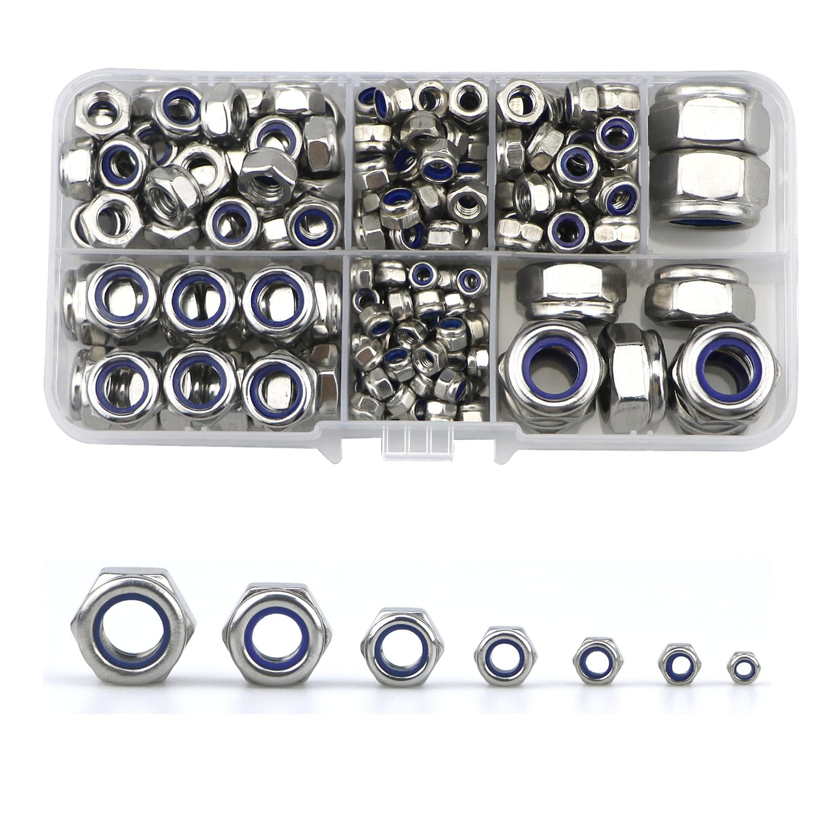 TA-VIGOR 212Pcs Nylon Hex Lock Nuts Assortment Kit, M3 M4 M5 M6 M8 M10 M12 Stainless Steel Nylon Insert Self-locking Nuts