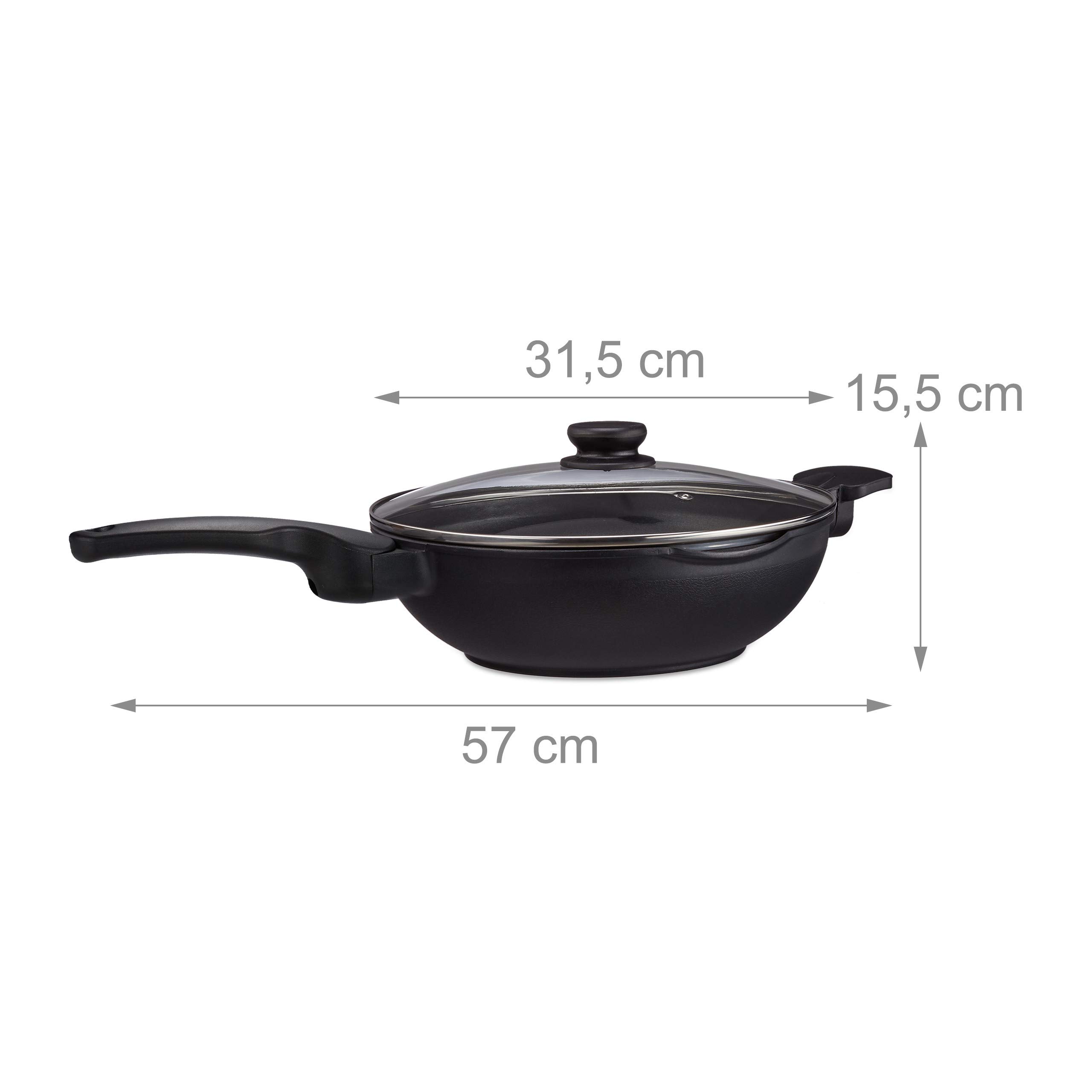 Relaxdays Poêle à Wok Couvercle en Verre 30 cm, poignée, revêtement antiadhésif, Induction, Four à gaz et électrique,4l