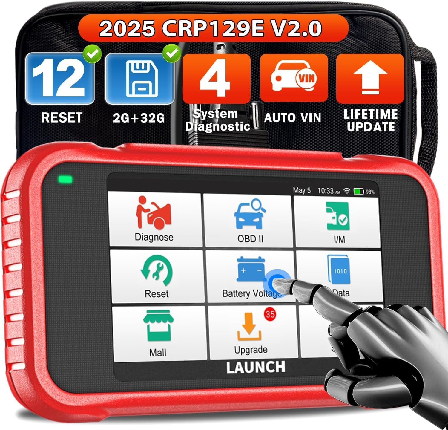 CRP129E V2.0 OBD2 Scanner, 4 System ENGINE/ABS/SRS/AT Car Diagnostic Tool, 12 Reset Service, TPMS/Oil/EPB/SAS/DPF/BMS/Throttle Reset, Injector Coding,Lifetime Update,Auto Vin OBD2 Code Reader