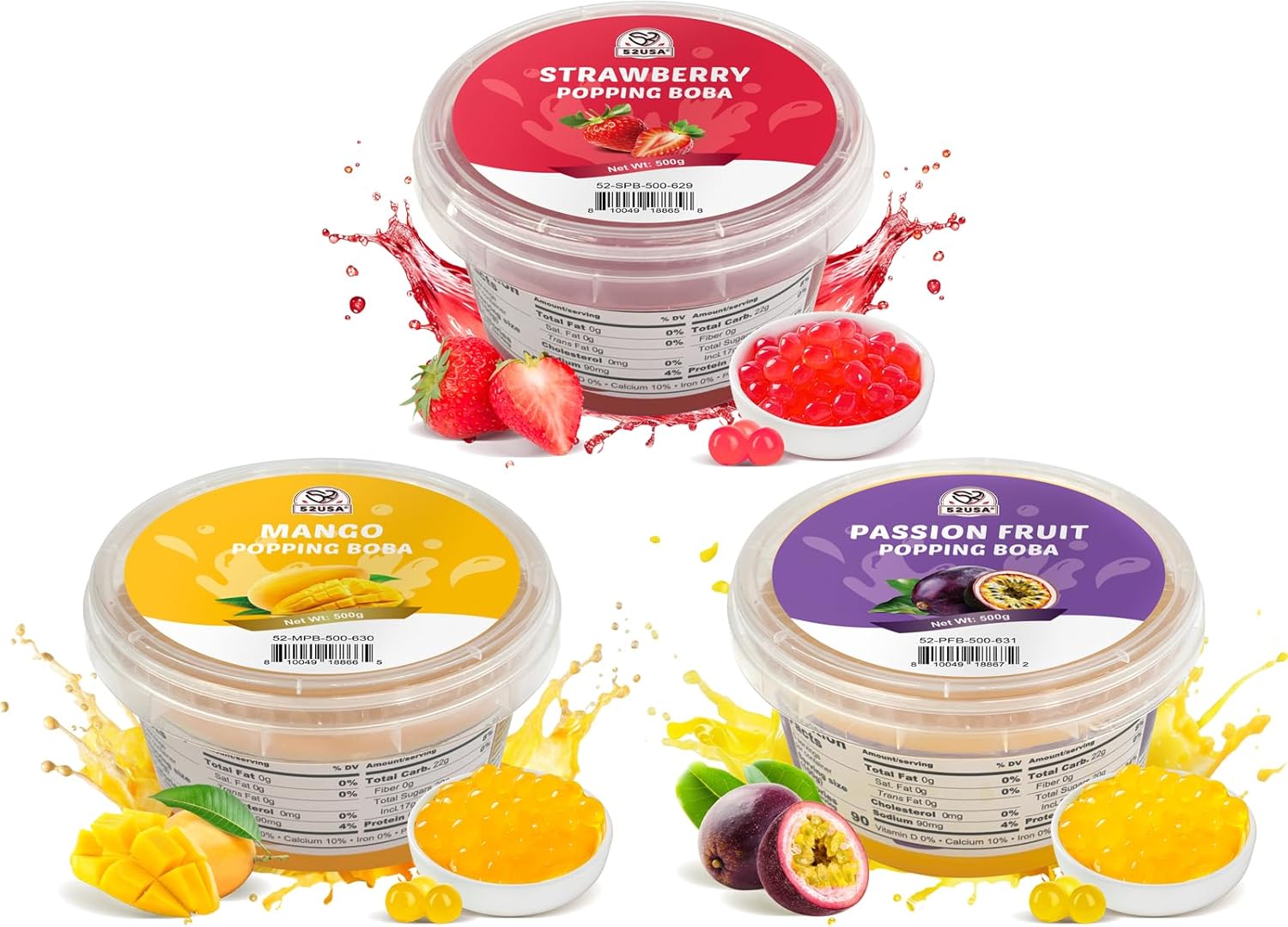 52USA Strawberry, Mango, Passion Fruit Popping Boba Pearls, Perfect for Bubble Tea, Smoothies, Ice Cream, Desserts, and Beverages 3.3 lb (1.1 lb X 3)