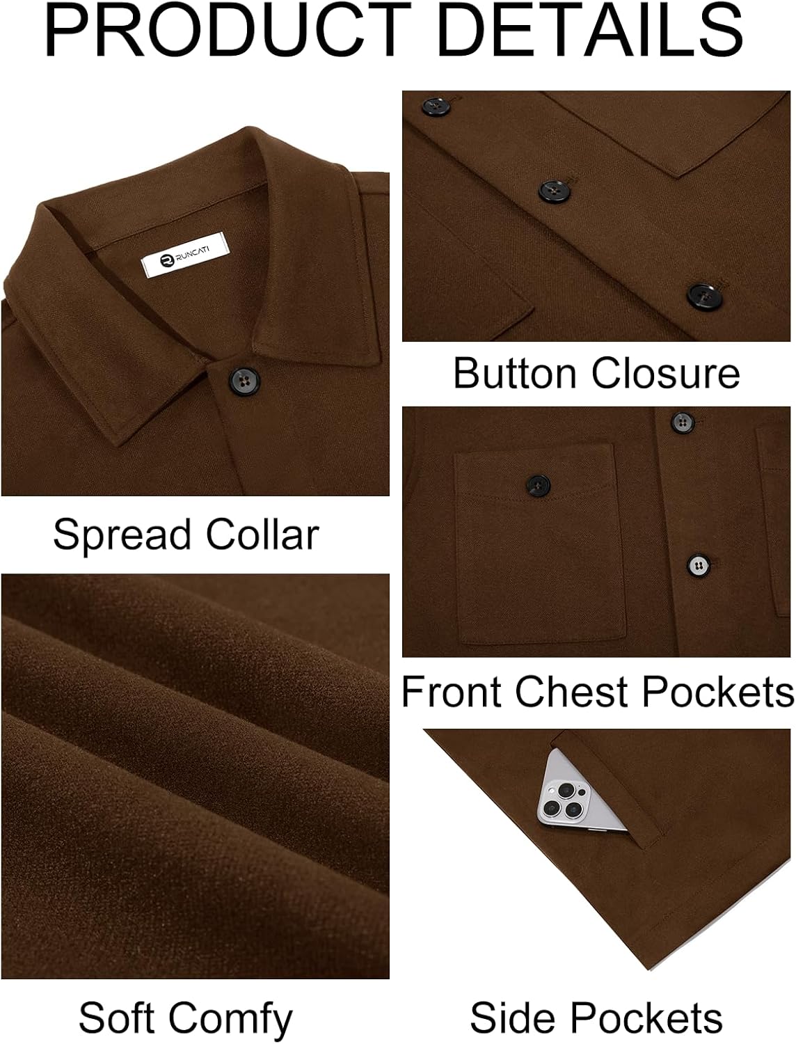 Runcati Mens Lightweight Shirt Jacket Button Down Long Sleeve Shacket Casual Fall Warm Work Stylish Jackets with Pocket - Image 5