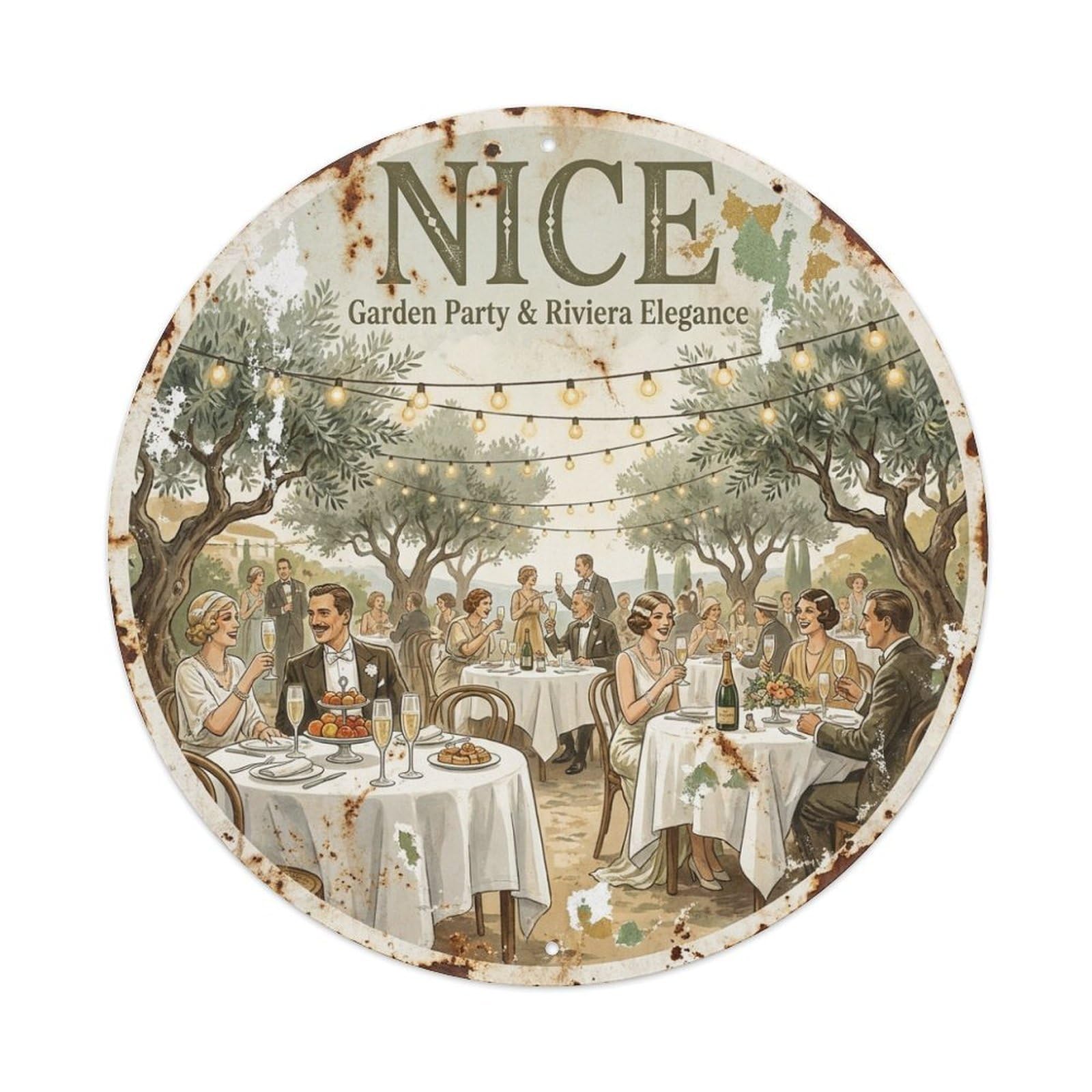 Nice Coastal Route Garden Party Riviera Elegance Travel Metal Tin Sign