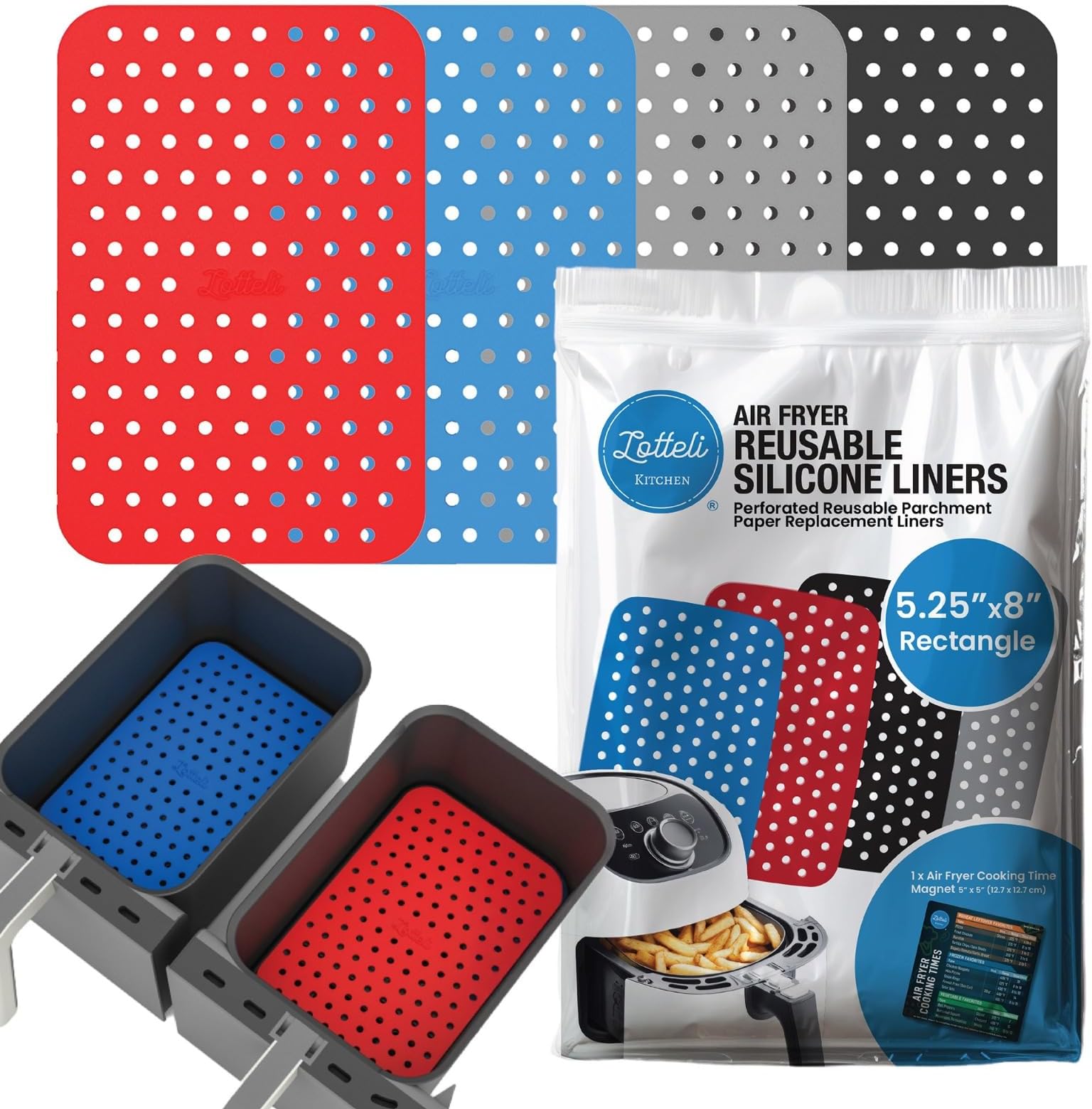 Reusable Air Fryer Liners 4 Pack for Dual Basket Fryers - Rectangle Silicone Airfryer Liners - 5.25 x 8” for Basket - Easy to Clean Air Fryer Accessories - Non-Stick Parchment Paper Replacement