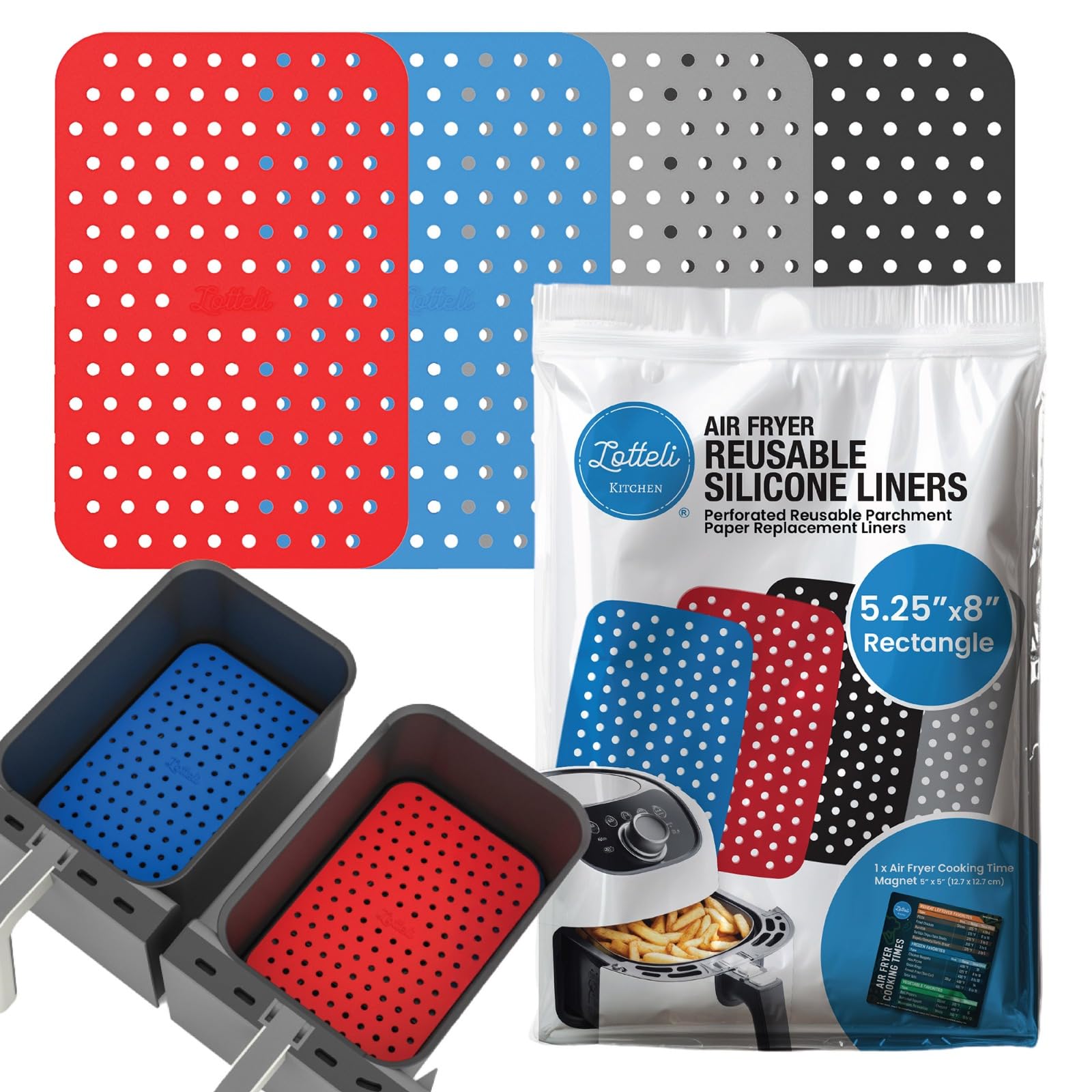 - Reusable Air Fryer Liners 4 Pack for Dual Basket Fryers - Rectangle Silicone Airfryer Liners - 5.25 x 8” for Basket - Easy to Clean Air Fryer Accessories - Non-Stick Parchment Paper Replacement