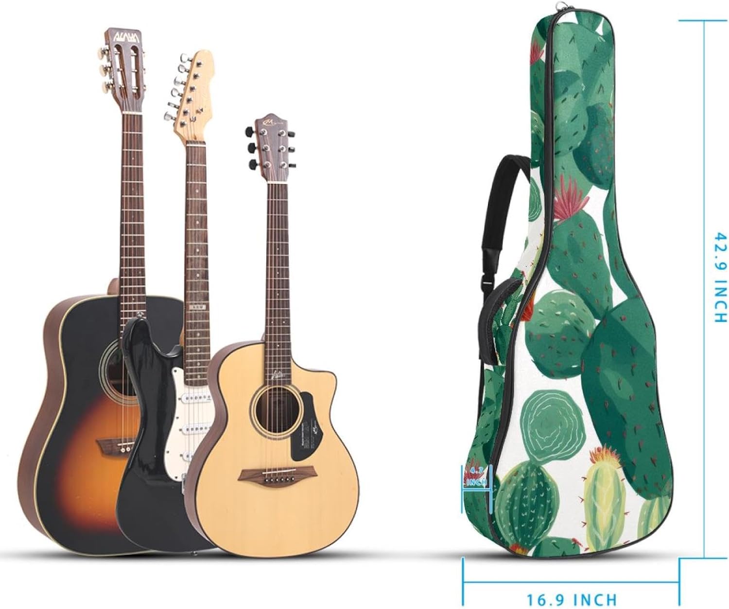 Acoustic Guitar Bag 0.4 Inch Thick Padding Waterproof Guitar Case Gig Bag for 40 41 42 Inch Electric Bass Classical Guitar, Watercolor Tropical Green Cactus Pattern