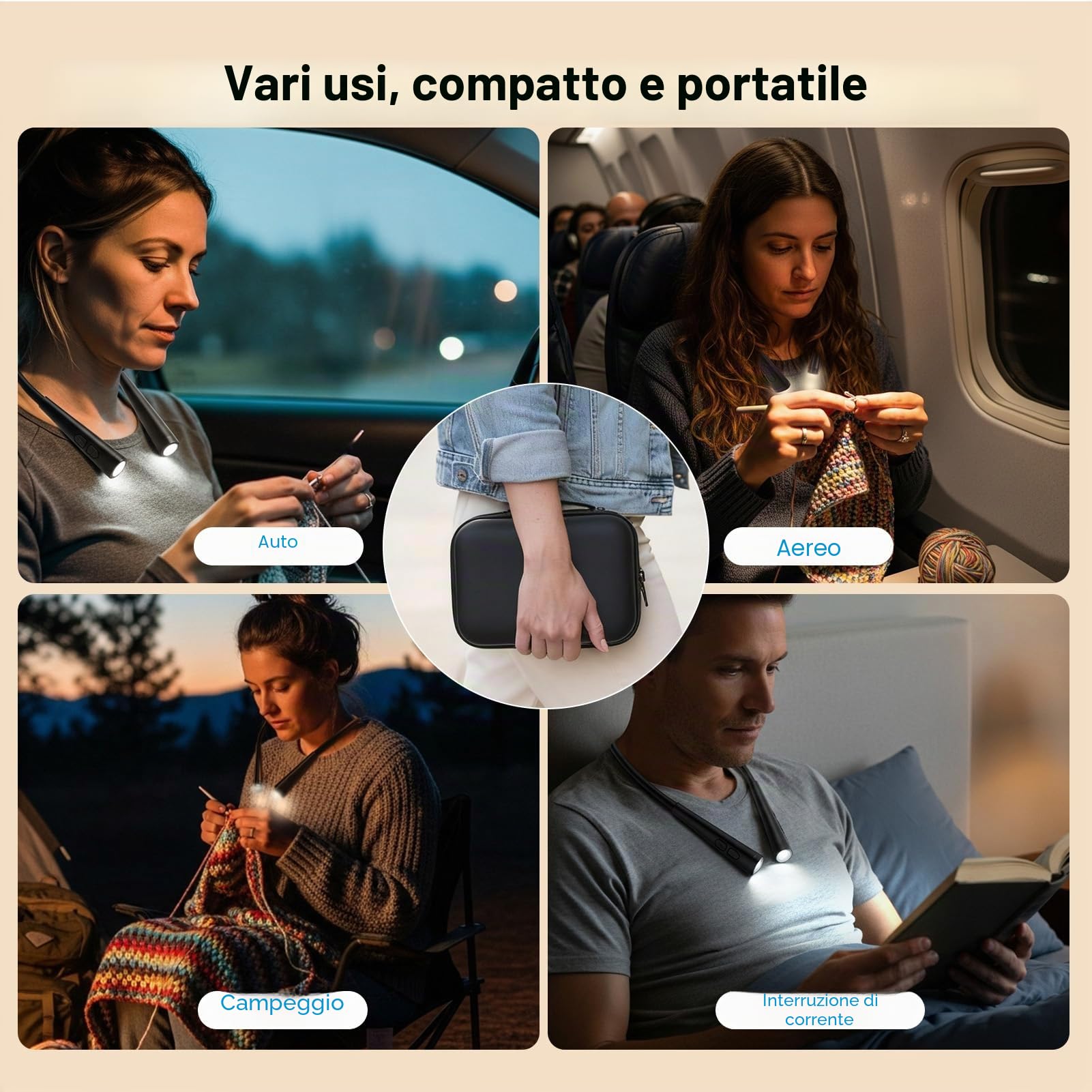 Caydo Luce per Maglia con Borsa di Storage, Lampada da Lettura con 4 Colori & 5 Livelli Luminosità, Luce per Uncinetto Ricaricabile, LED Luce Lettura Collo per Leggere, Sferruzzare, Riparare