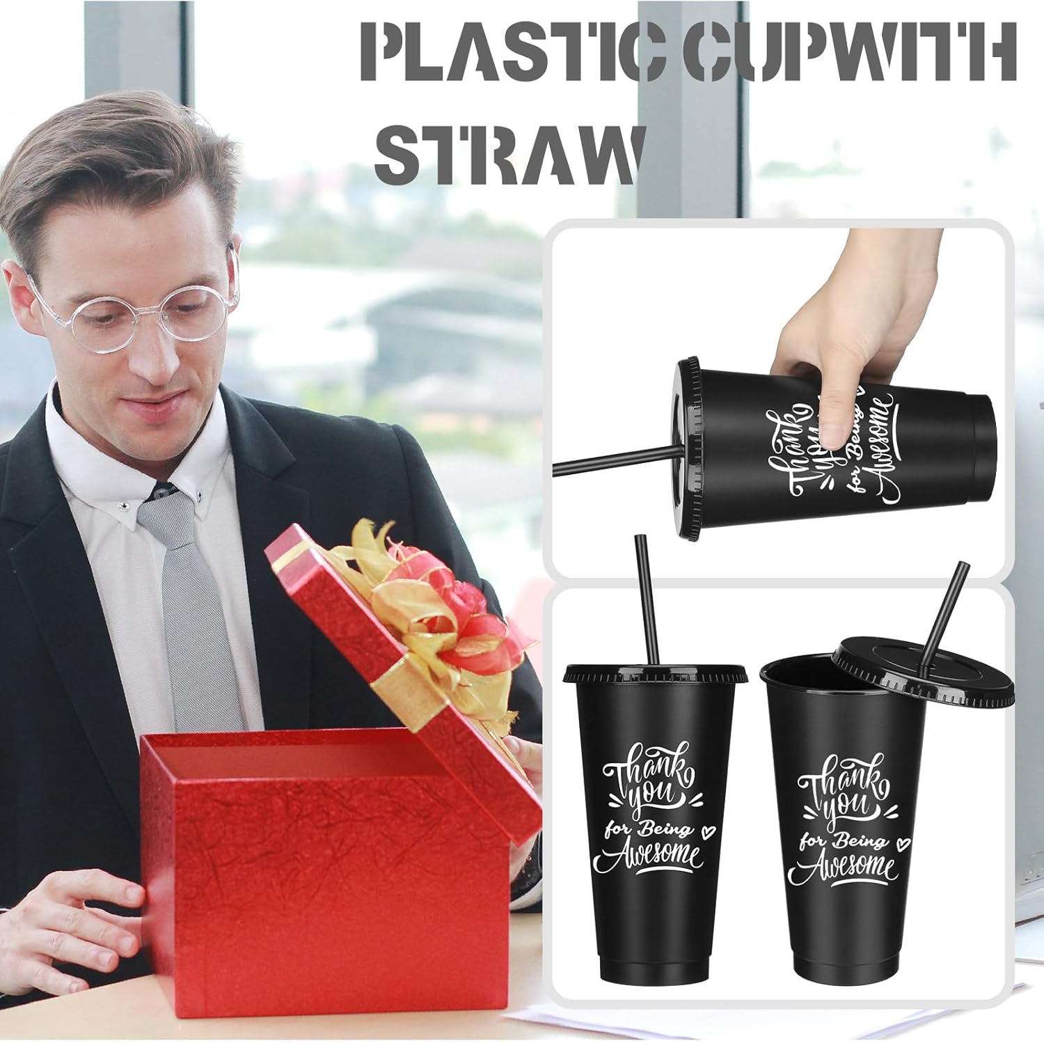 Maxcheck 15 Pcs Black Employee Appreciation Gifts Bulk for Men Team Appreciation Gift Cups Plastic Tumbler with Straw Lid Thank You for Being Awesome for Staff Office Coworkers(24 oz) - Image 4