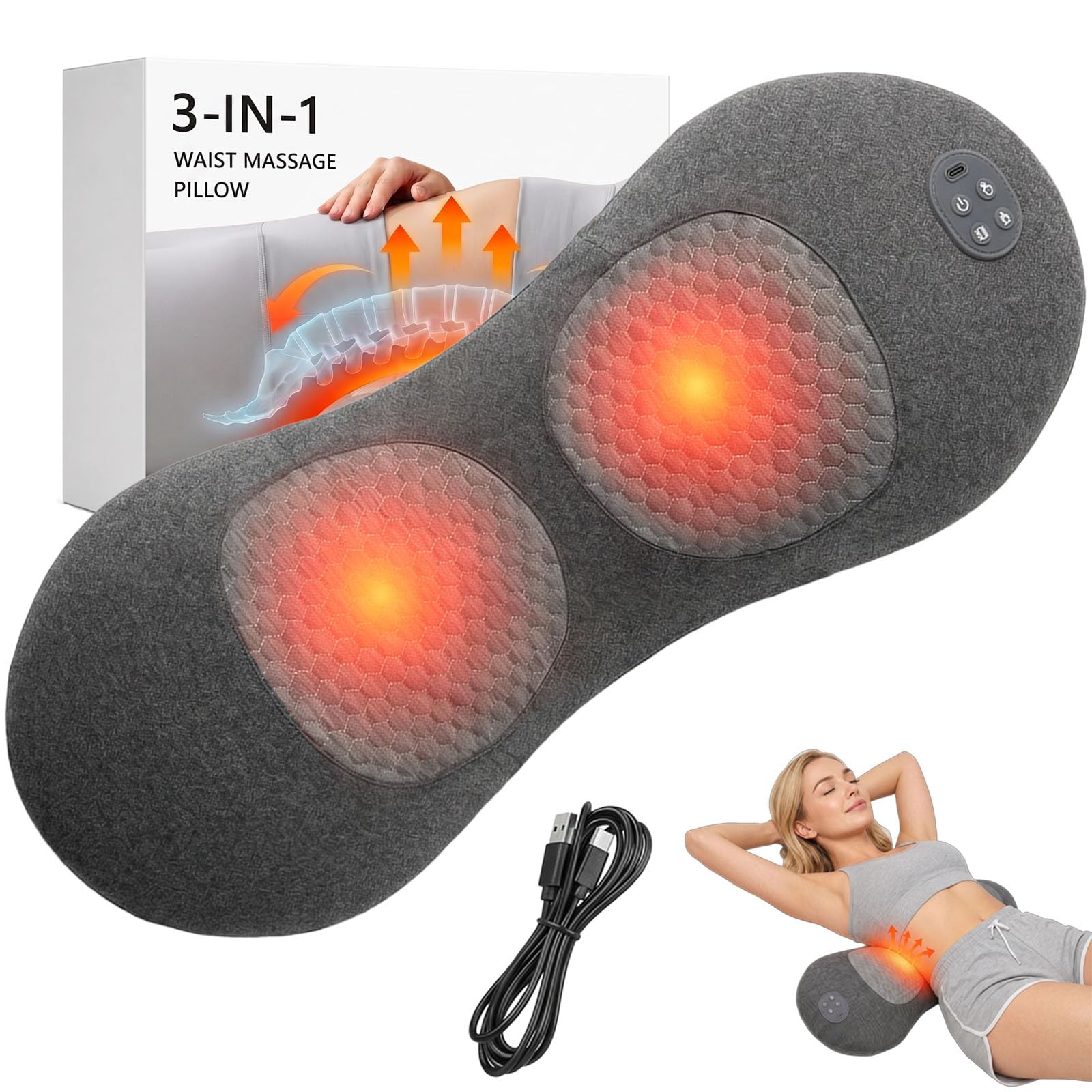 3 in 1 Rückenmassagegerät mit Wärmefunktion für Nacken & Rücken | Massagekissen mit Luftkompression, Vibration und 3 Wärmestufen; weicher Stoff, USB-C Laden für Schultern und Rücken