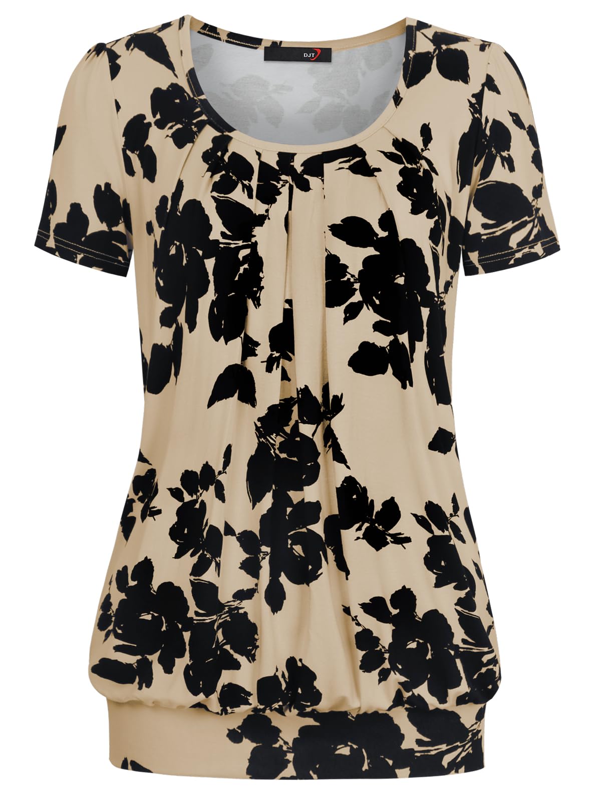 DJT Damen T-Shirt Sommer Oberteile Rundhals Falten Kurzarm Print Bluse Basic Shirt Tunika Tee Tops