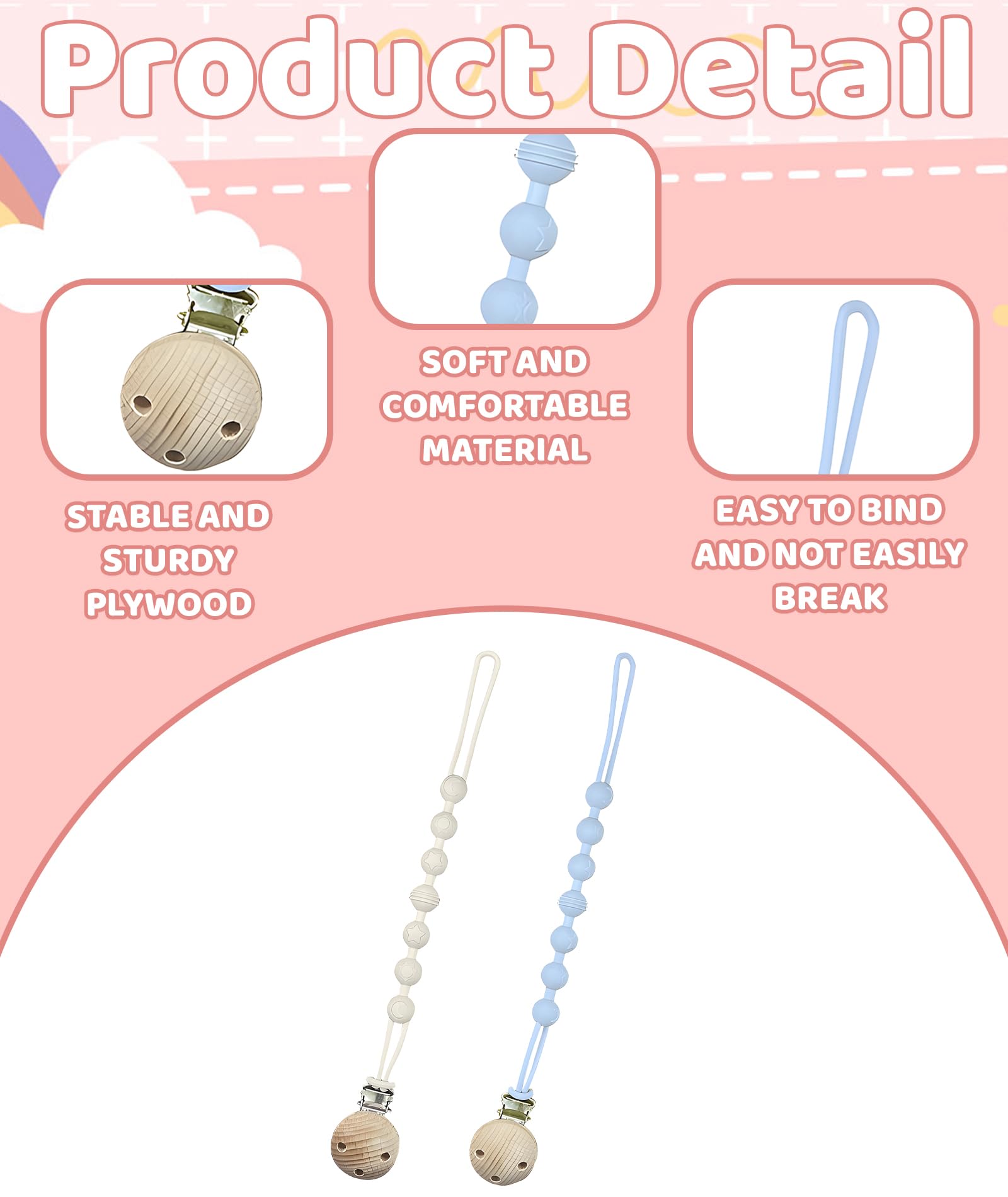 2PCS Pacifier Chain, Pacifier Holder Chain for Baby, White + Blue Wooden Clip Silicone Teether, Secure Attachment for Newborns & Toddlers, Convenient for Home & Outdoor Use - Image 3 thumbnail