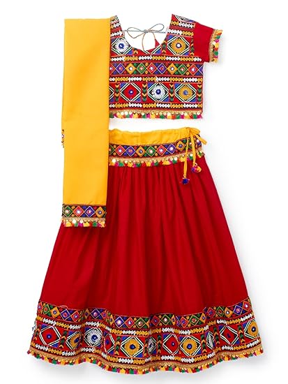 Cotton Kutchwork Embroidered Girls Chaniya Choli with Dupatta (CC1-DMN) - RED