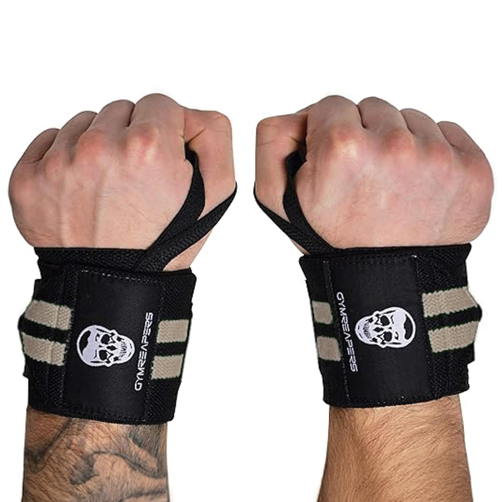 Gymreapers Weightlifting Wrist Wraps (IPF Approved) 18" Professional Quality Wrist Support with Heavy Duty Thumb Loop - Best Wrap for Powerlifting Competition, Strength Training, Bodybuilding (Desert