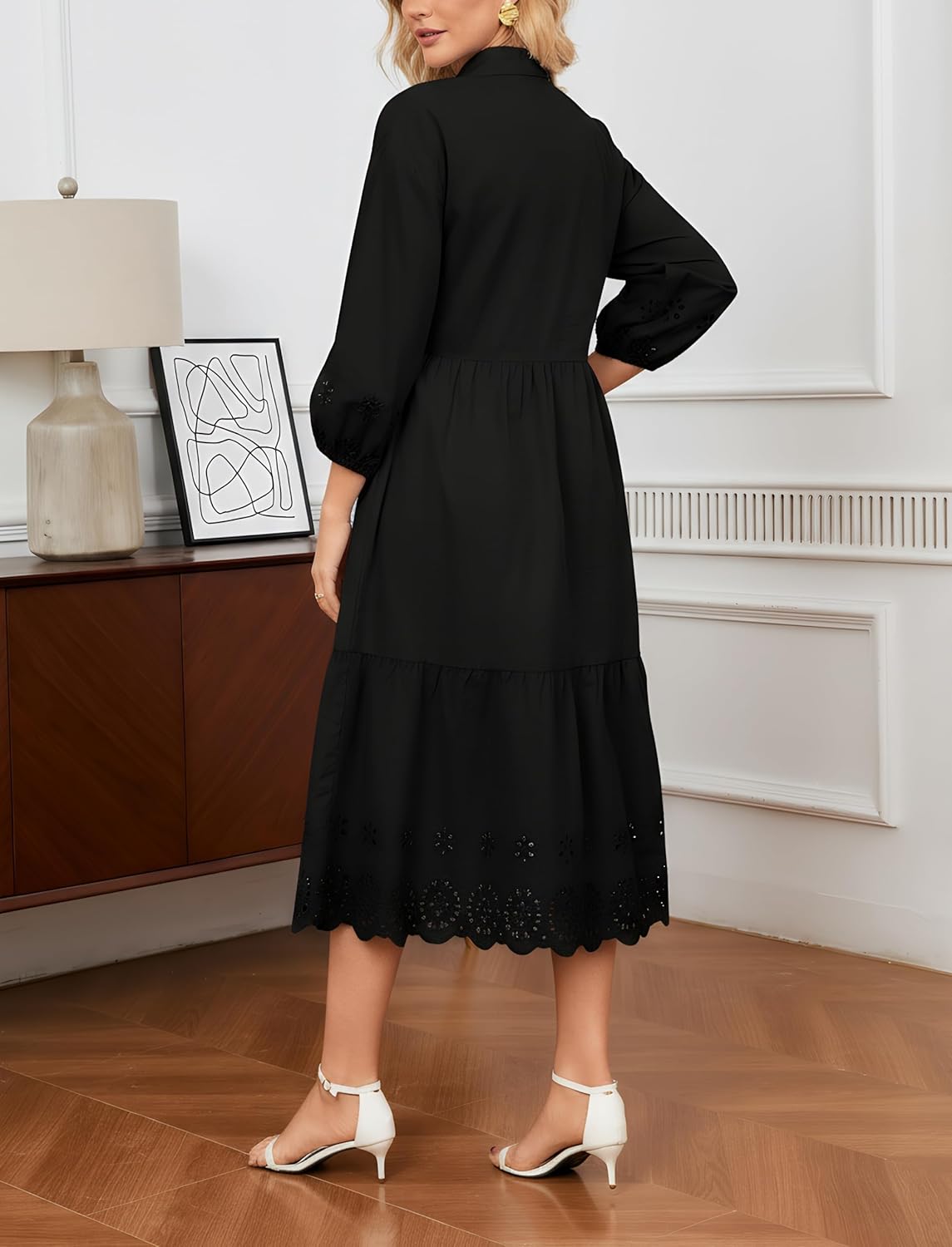 Ladyful Elegant Cotton Shirt Dress for Women Button Down 3/4 Sleeve Hollowed Out Eyelet Flowy Midi Maxi Dress - Image 5