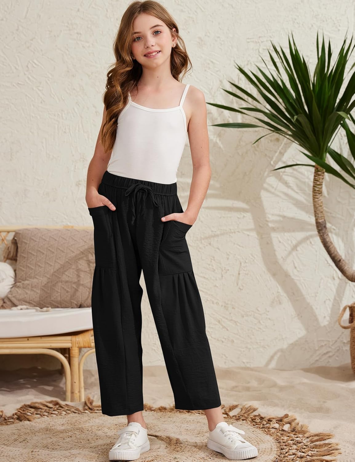 COZYPOIN Girl’s Wide Leg Pants Elastic Waist Loose Fit Flowy Casual Beach Palazzo Harem Trousers with Pockets 5-14 Y - Image 3