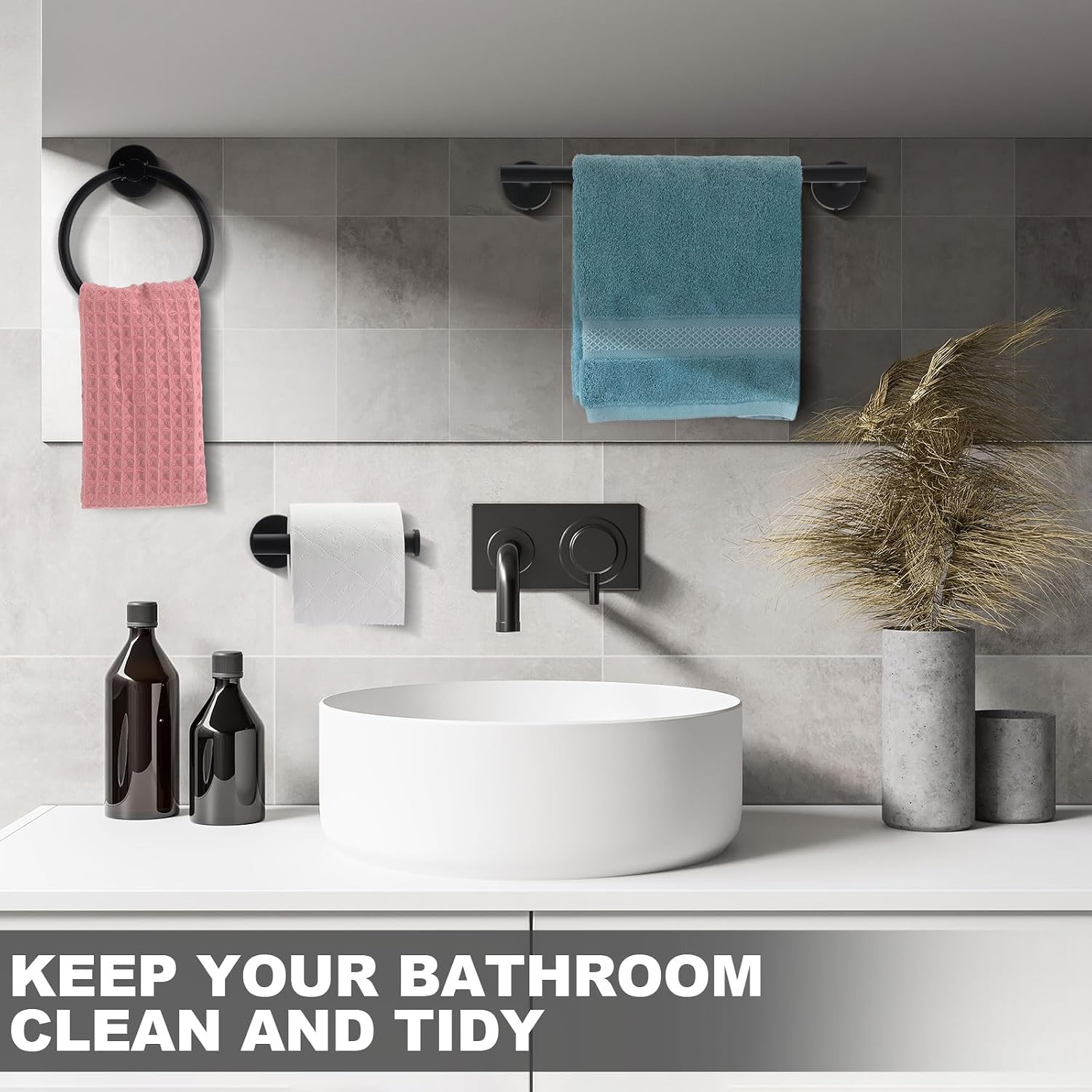 Blulu 20 Pcs Bathroom Hardware Set, Stainless Steel Towel Bar Set Includes 16 Inch Towel Bar, Hook, Ring, Toilet Paper Holder Wall Mounted Bathroom Accessories (Matte Black)