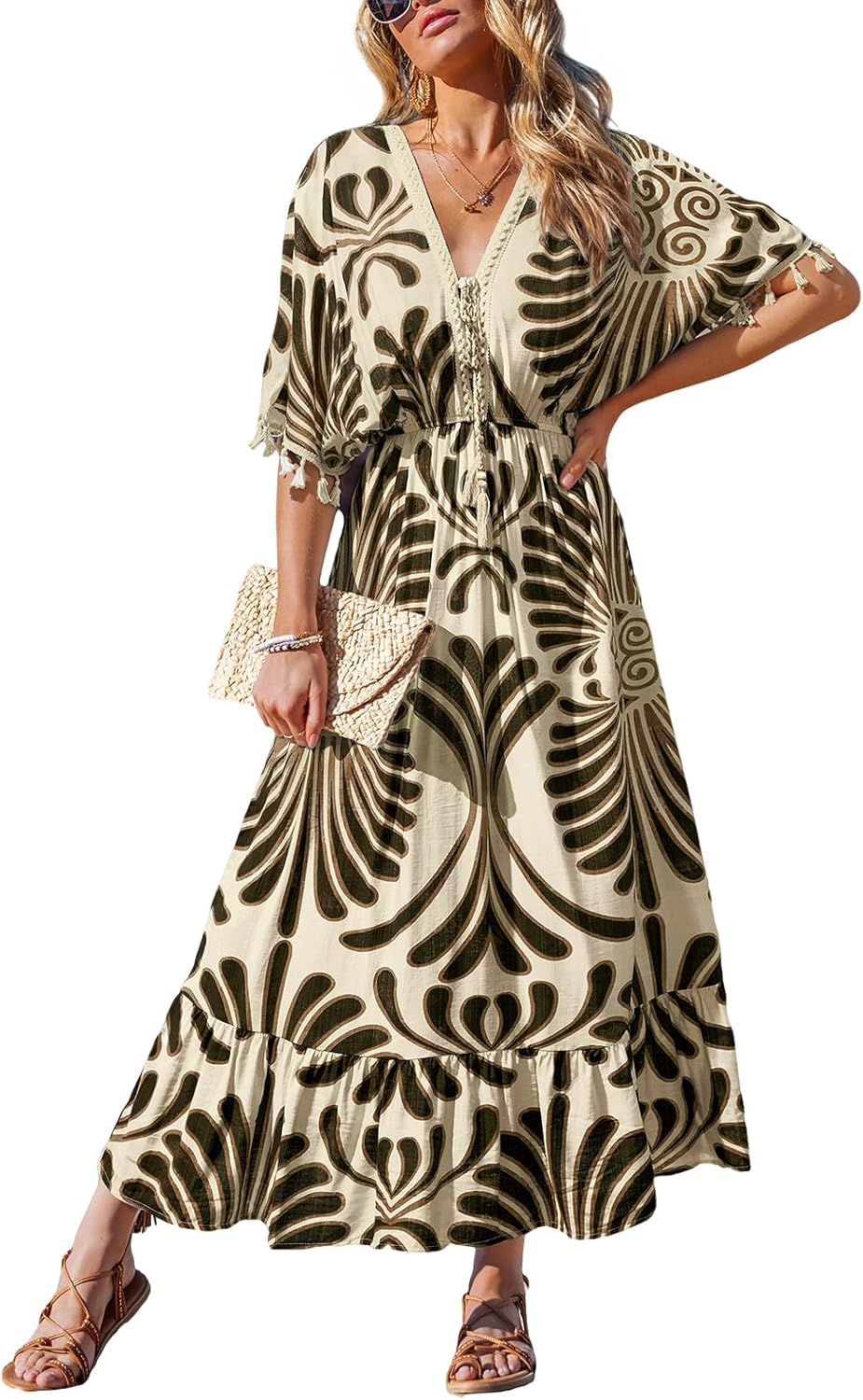 CUPSHE Women Summer Dresses Tassel Tie Front V Neck Batwing Sleeve Smocked Flowy Hawaiian Casual Maxi Dress