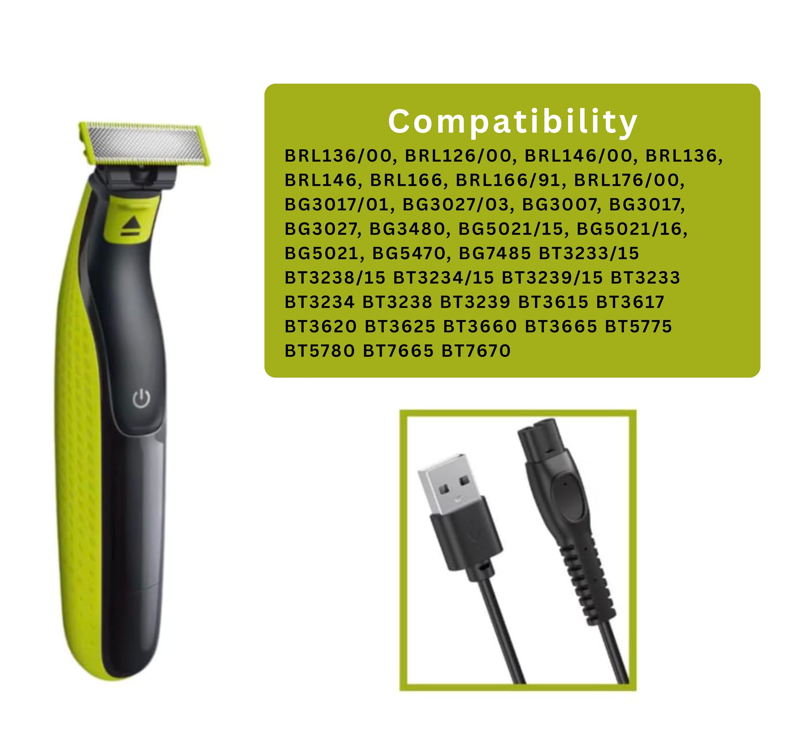 Ricambio Cavo USB 5V 100cm Caricabatterie per Rasoio Elettrico Philips Bodygromm BRL136 BRL146 BRL166 BG3007 BG3017 BG3027 BG3480 BG7485 BT3617 BT3620 BT5780 BT7665 BT7670